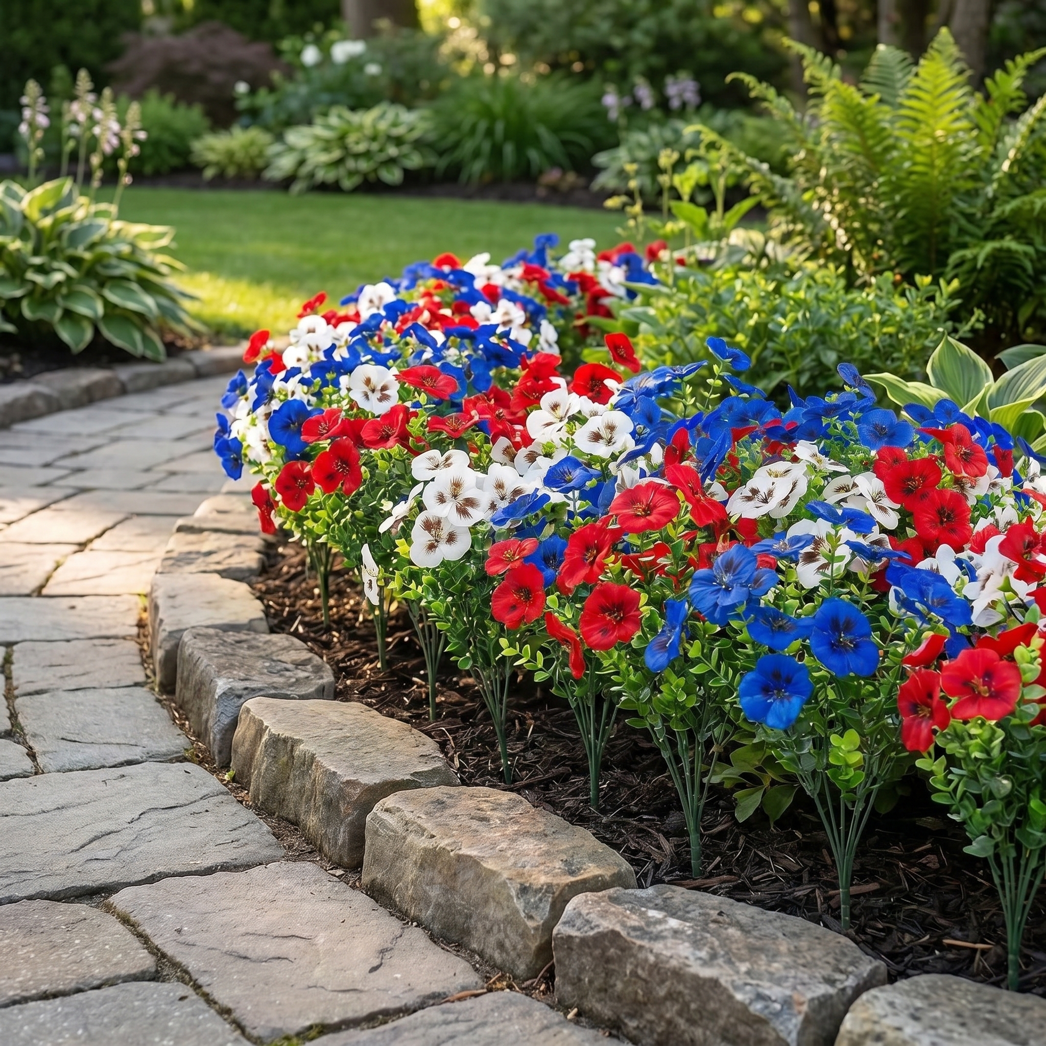 Artificial Patriotic Pansy Flowers for Planters, Red White Blue Faux Flowers for Porch, Garden & Window Box