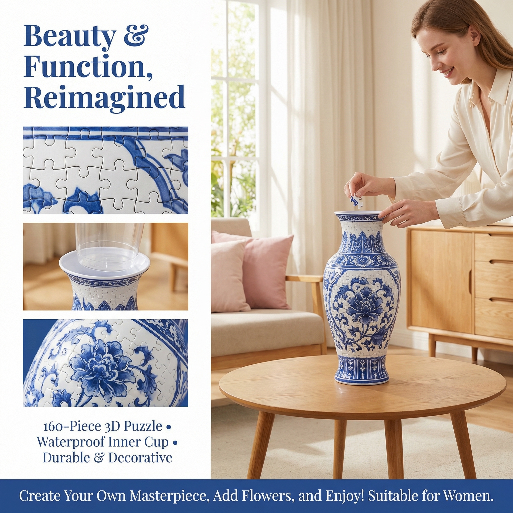 3D Blooming Flowers Puzzle Vase – DIY Decorative Waterproof Vase for Real Flowers