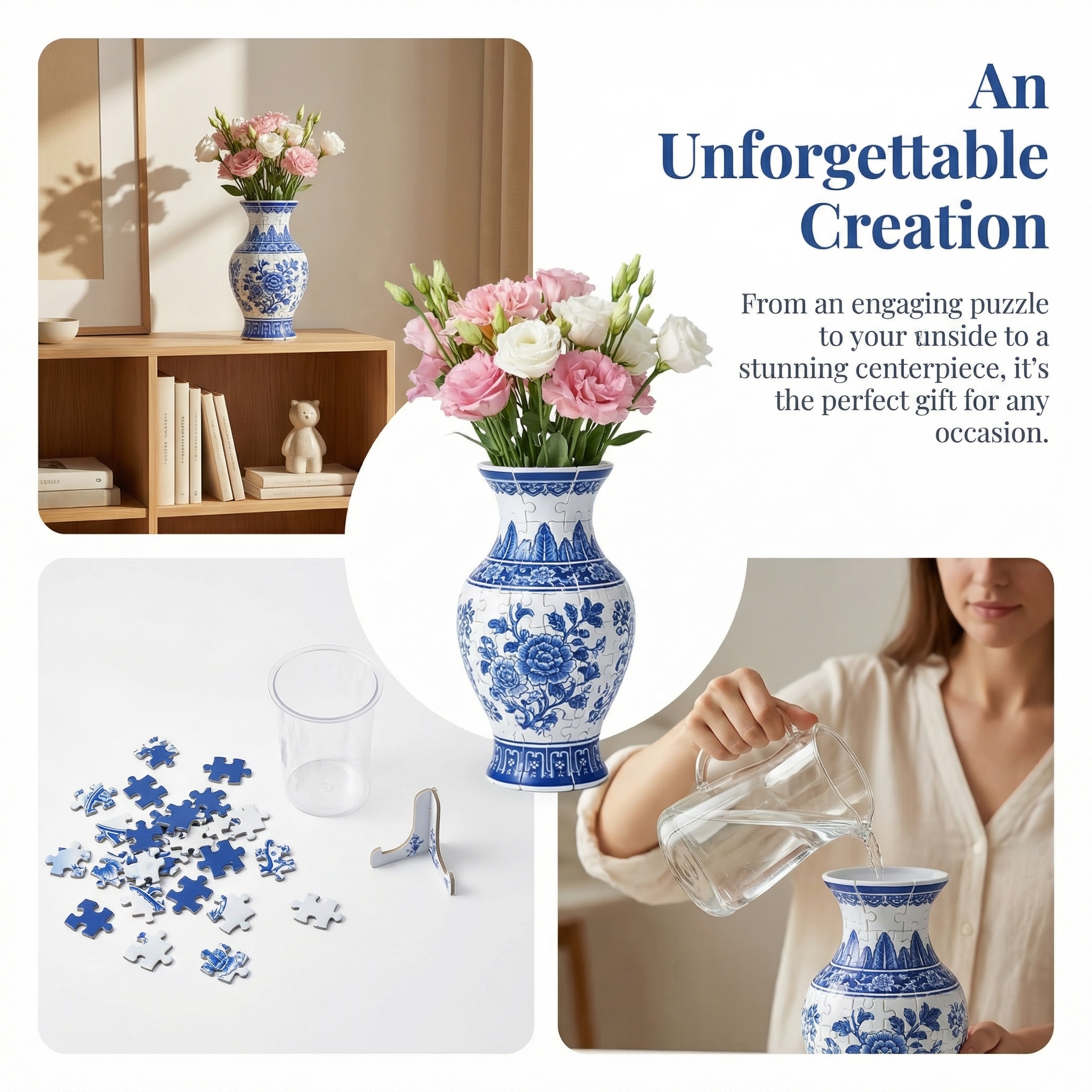 3D Blooming Flowers Puzzle Vase – DIY Decorative Waterproof Vase for Real Flowers