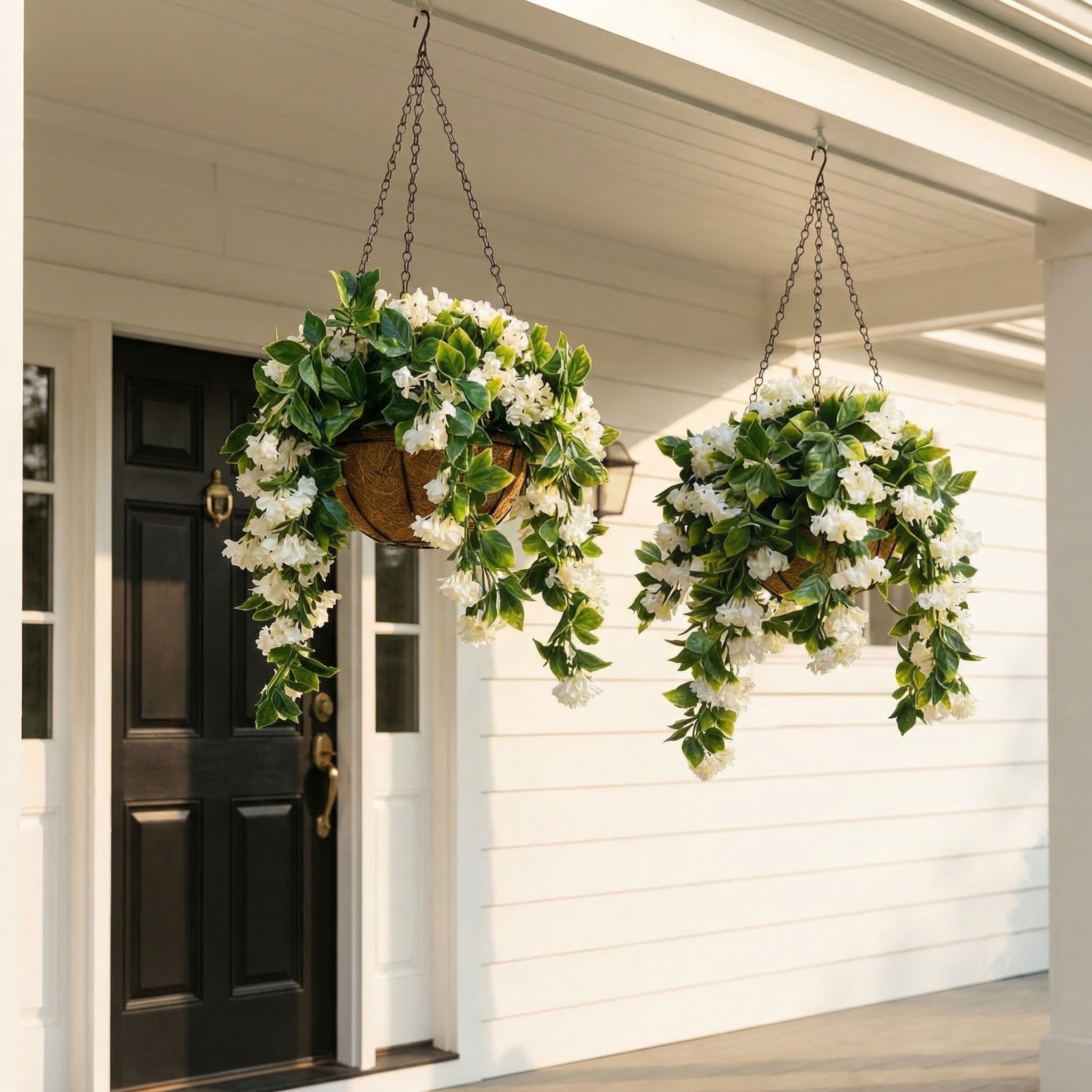 Set of 2 Faux Crepe Myrtle Hanging Baskets – UV Resistant Artificial Flower Planters with Coconut Liner & Metal Chain