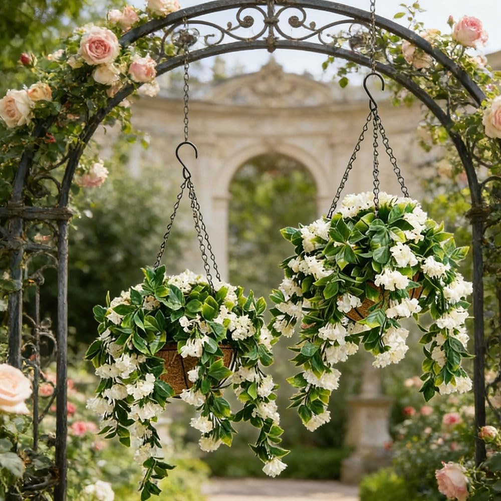 Set of 2 Faux Crepe Myrtle Hanging Baskets – UV Resistant Artificial Flower Planters with Coconut Liner & Metal Chain