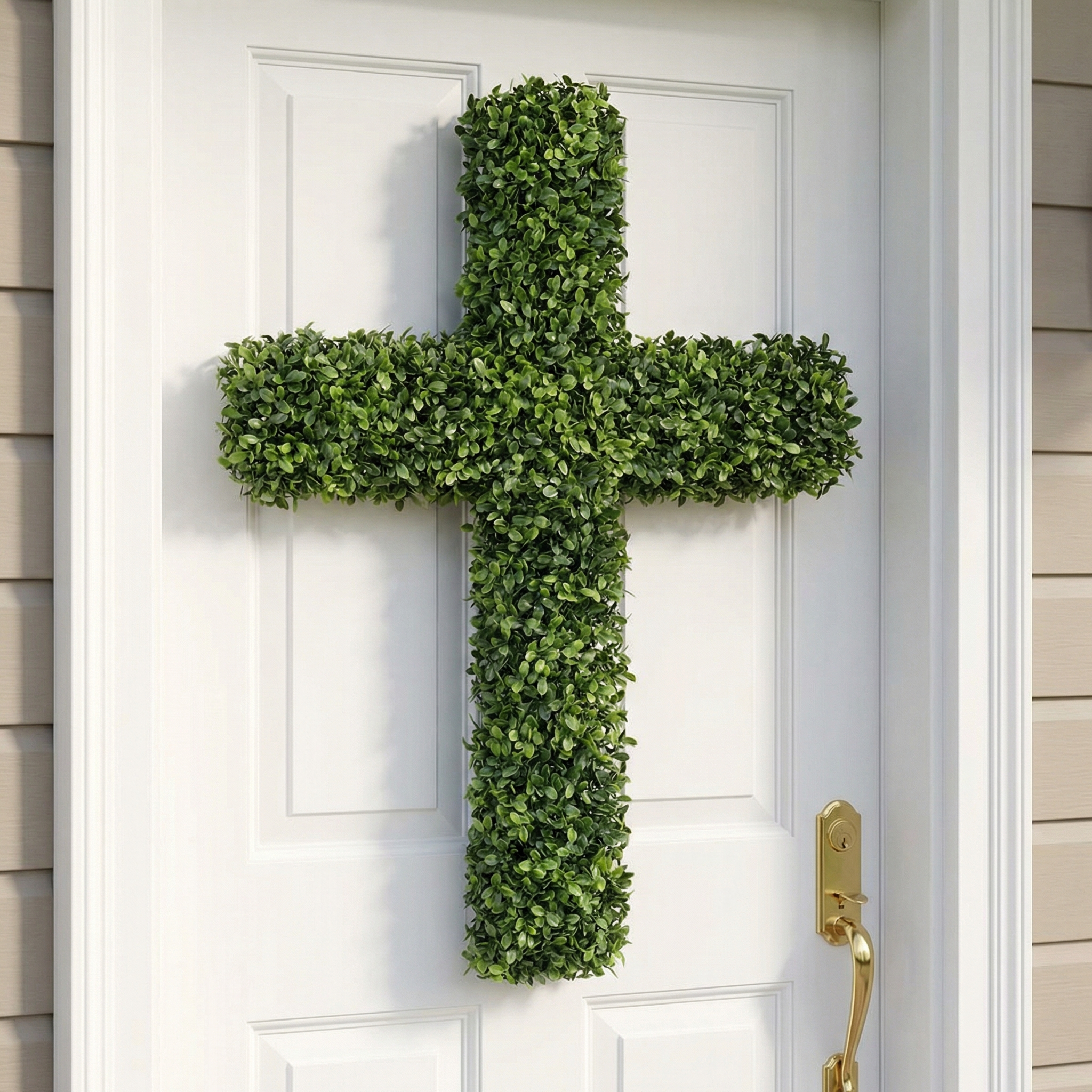 27" UV-Resistant Boxwood Cross Wreath for Front Door – Artificial Greenery Faith Wall Decor
