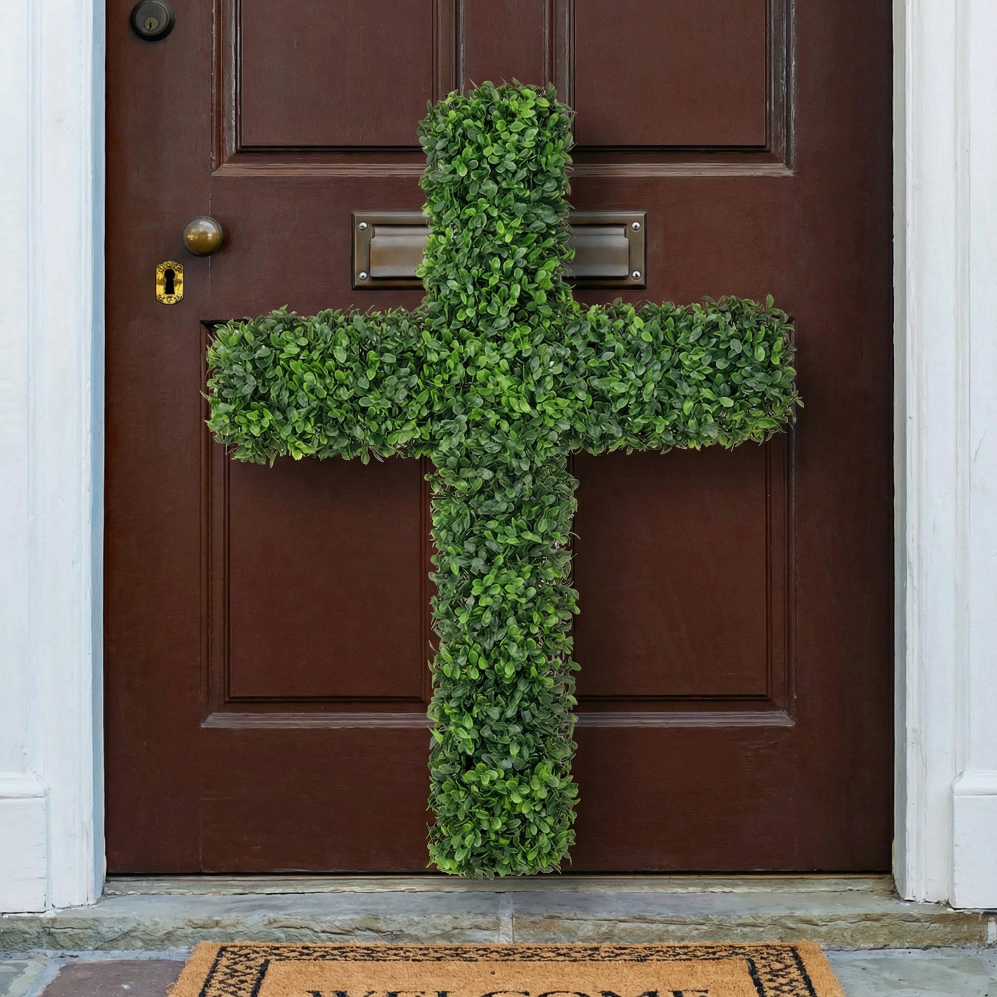 27" UV-Resistant Boxwood Cross Wreath for Front Door – Artificial Greenery Faith Wall Decor