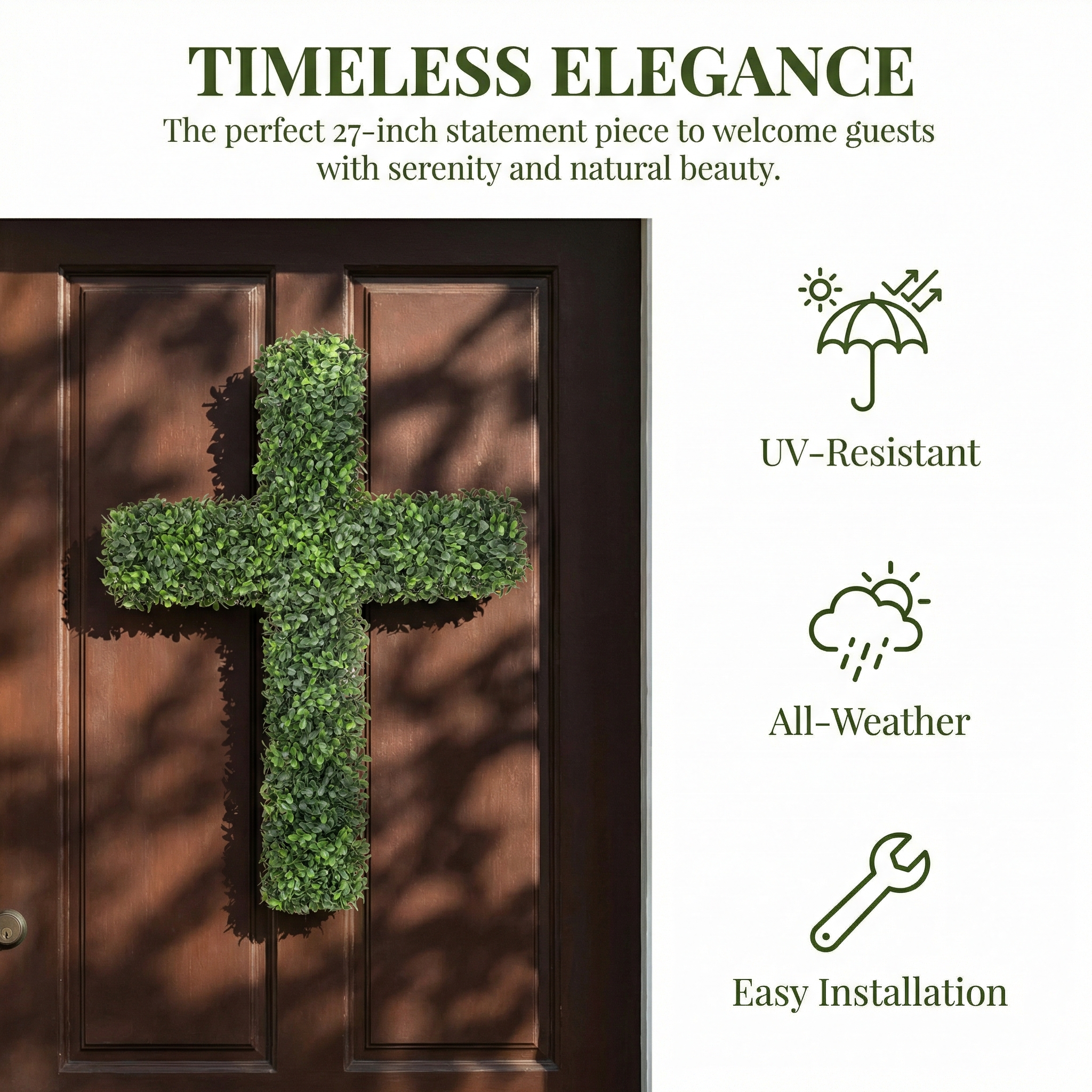 27" UV-Resistant Boxwood Cross Wreath for Front Door – Artificial Greenery Faith Wall Decor
