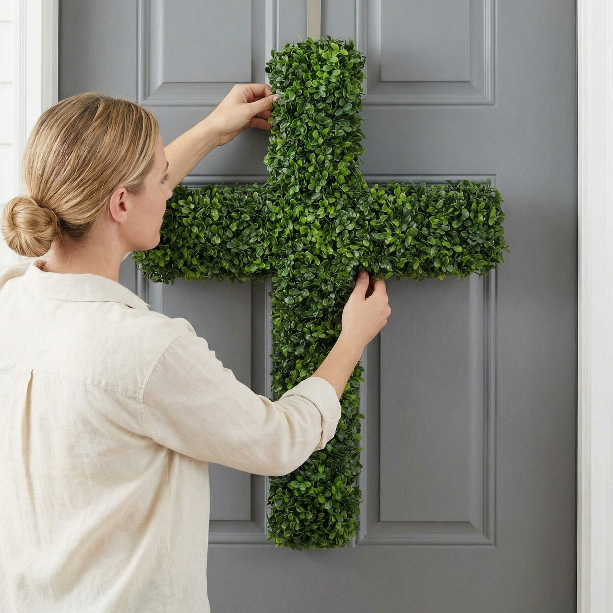 27" UV-Resistant Boxwood Cross Wreath for Front Door – Artificial Greenery Faith Wall Decor