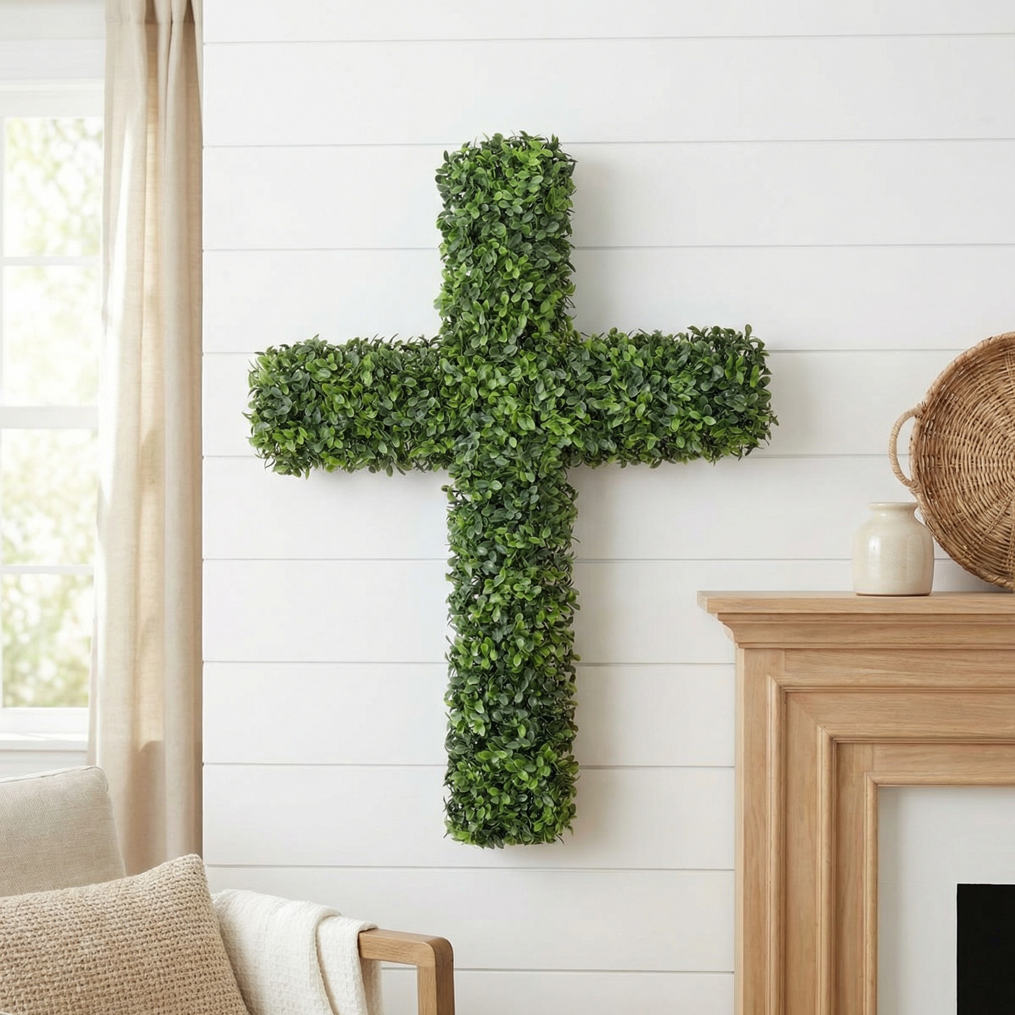 27" UV-Resistant Boxwood Cross Wreath for Front Door – Artificial Greenery Faith Wall Decor