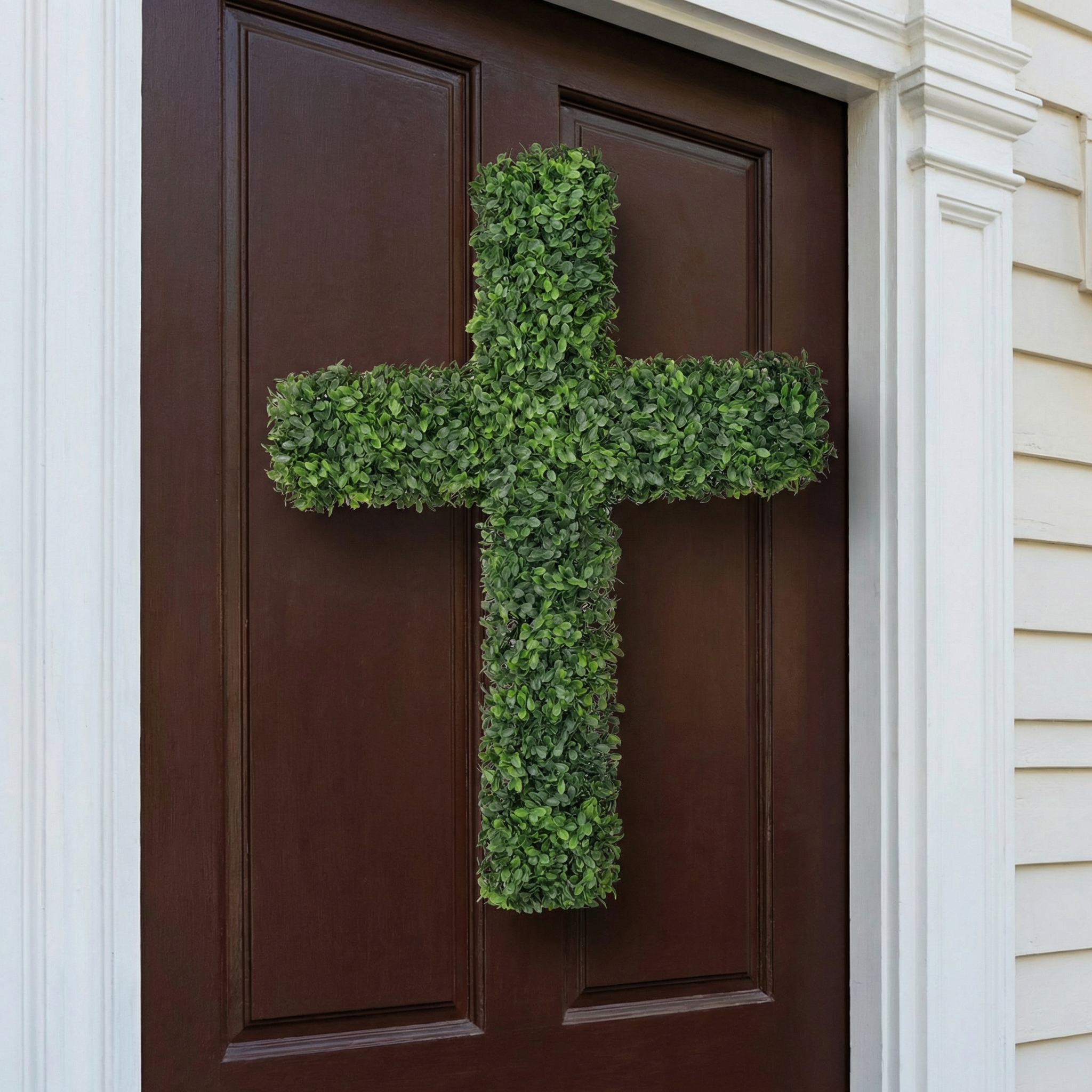 27" UV-Resistant Boxwood Cross Wreath for Front Door – Artificial Greenery Faith Wall Decor