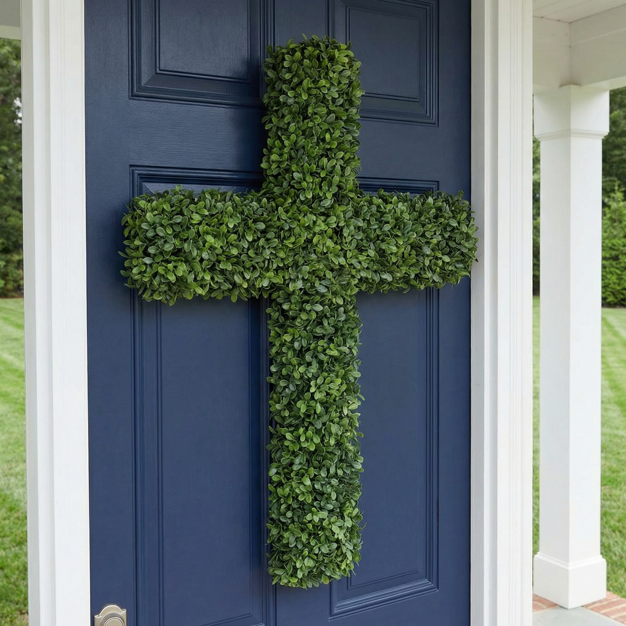 27" UV-Resistant Boxwood Cross Wreath for Front Door – Artificial Greenery Faith Wall Decor