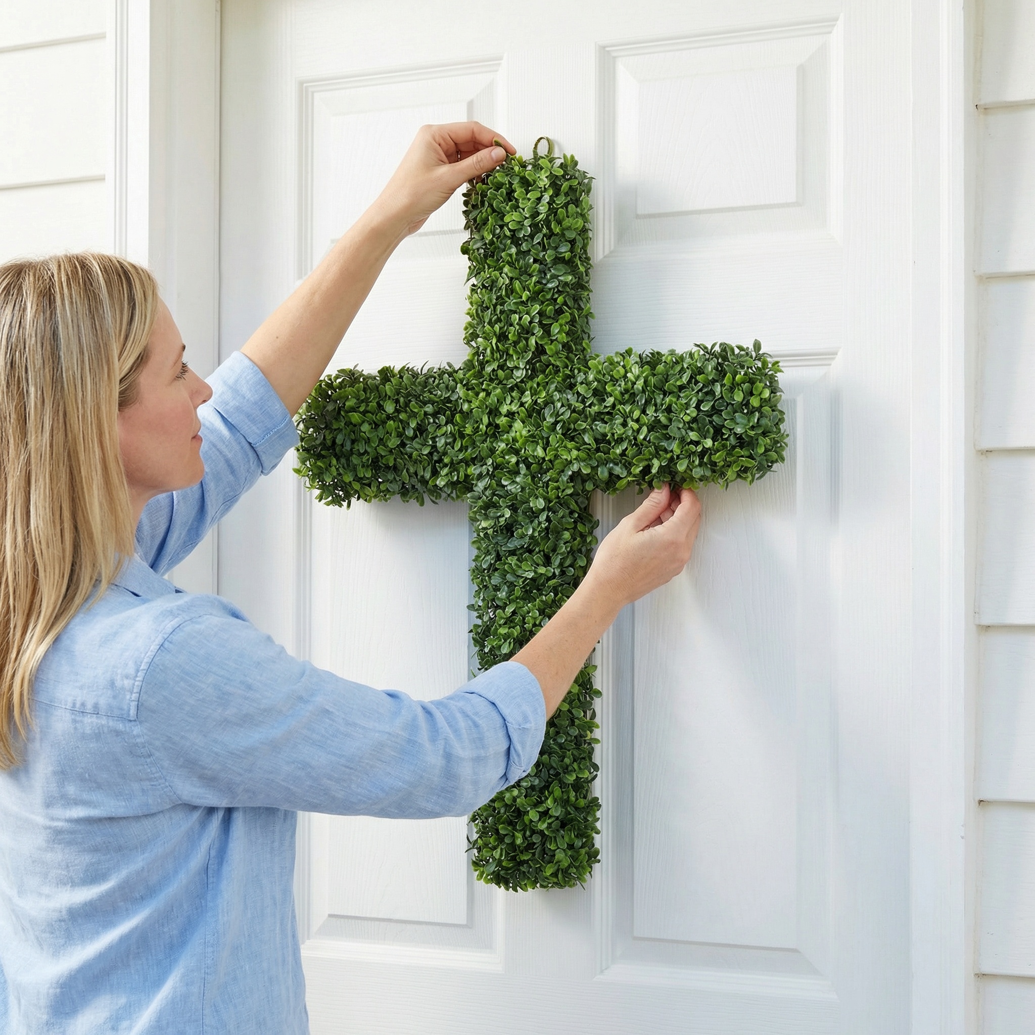 27" UV-Resistant Boxwood Cross Wreath for Front Door – Artificial Greenery Faith Wall Decor