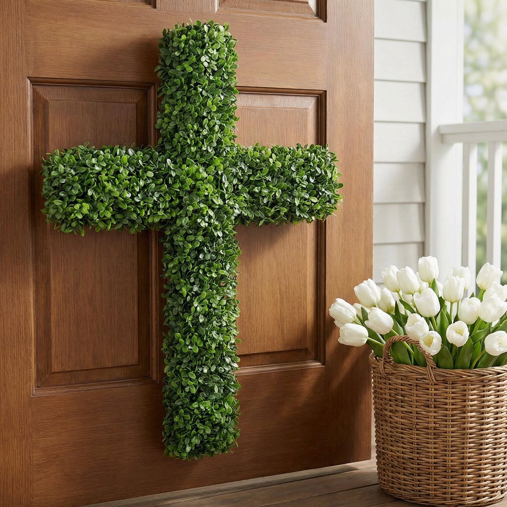27" UV-Resistant Boxwood Cross Wreath for Front Door – Artificial Greenery Faith Wall Decor