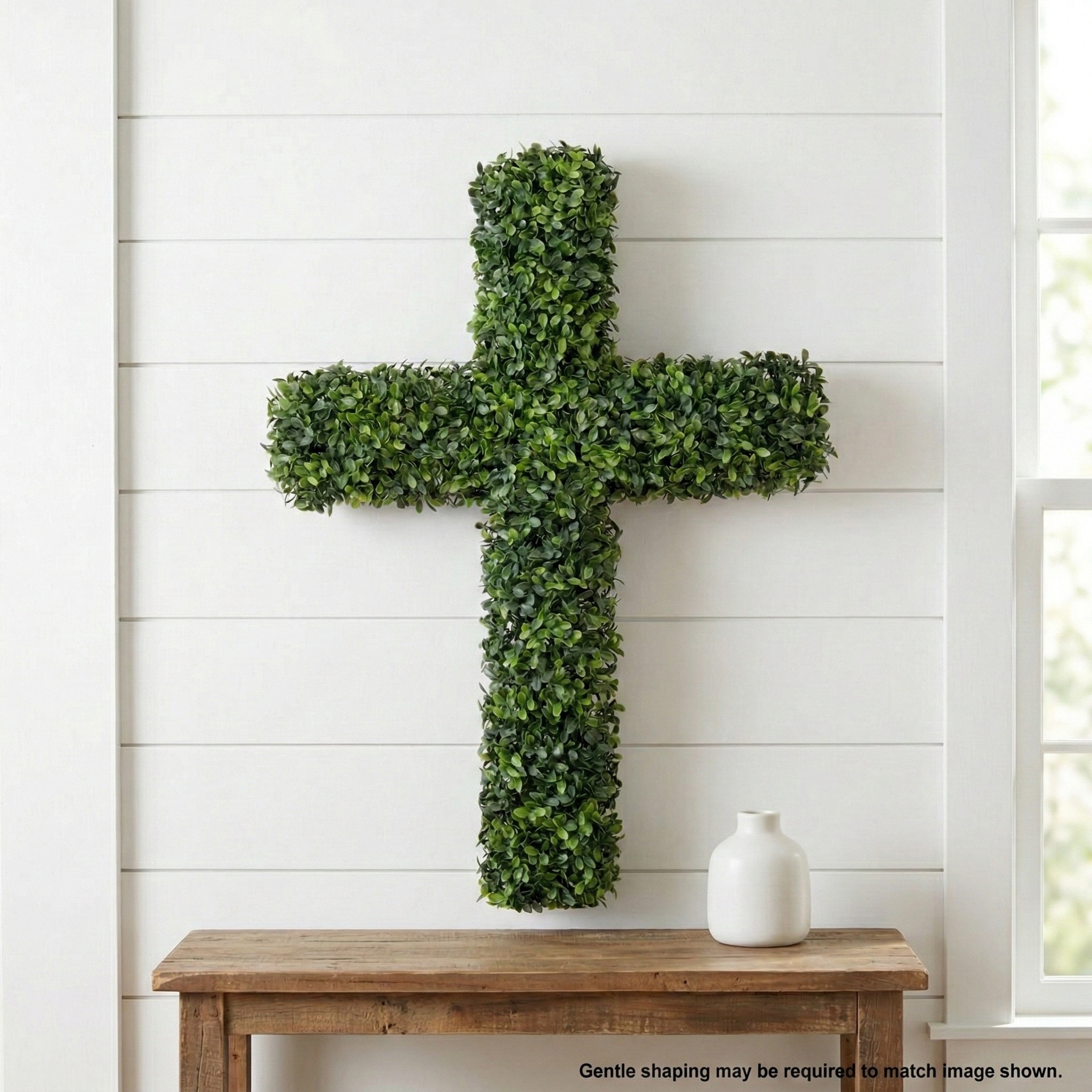 27" UV-Resistant Boxwood Cross Wreath for Front Door – Artificial Greenery Faith Wall Decor