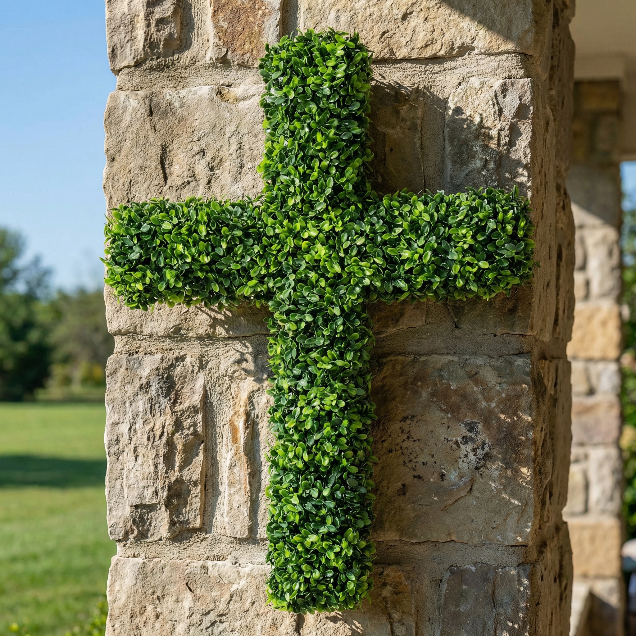 27" UV-Resistant Boxwood Cross Wreath for Front Door – Artificial Greenery Faith Wall Decor