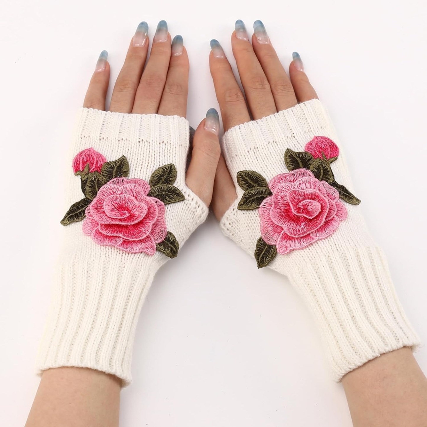 Women Rose Flower embroidery Winter Fingerless Gloves