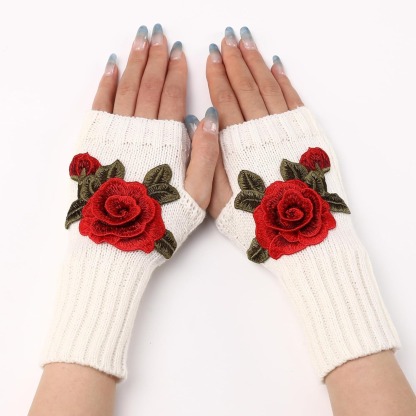 Women Rose Flower embroidery Winter Fingerless Gloves