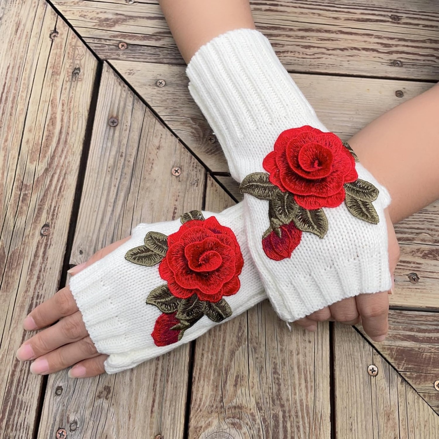 Women Rose Flower embroidery Winter Fingerless Gloves