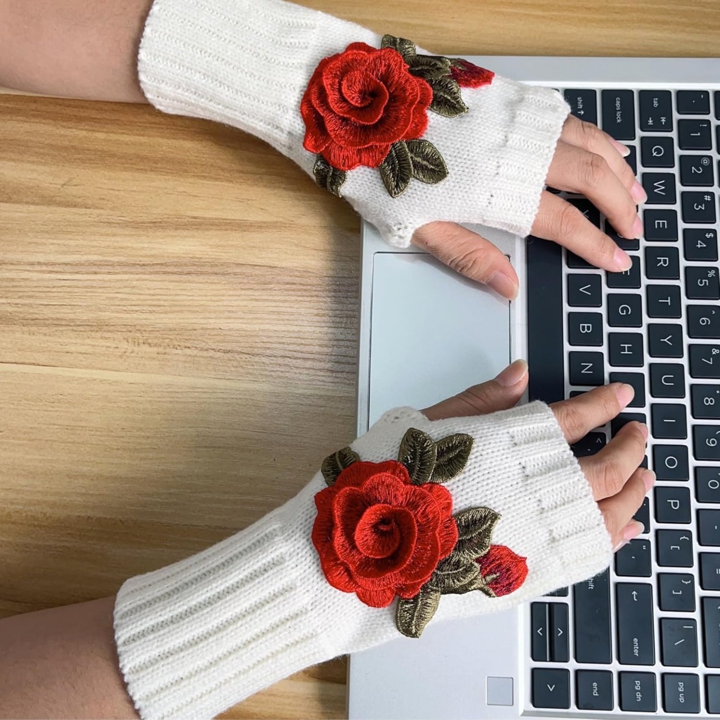 Women Rose Flower embroidery Winter Fingerless Gloves