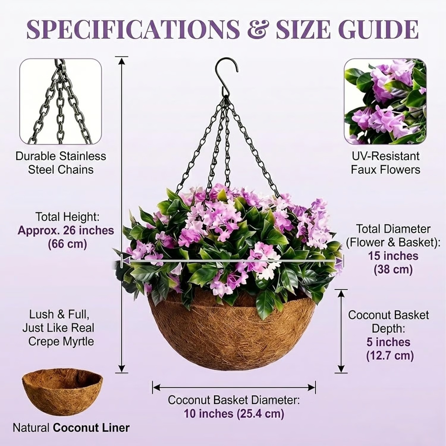 Set of 2 Faux Crepe Myrtle Hanging Baskets – UV Resistant Artificial Flower Planters with Coconut Liner & Metal Chain
