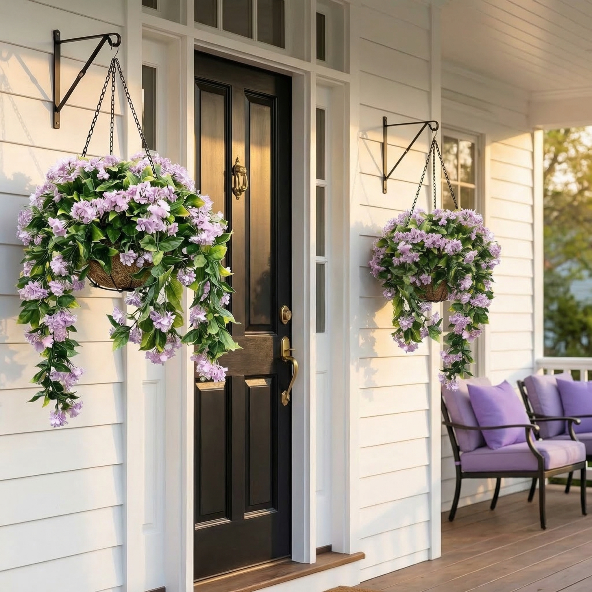 Set of 2 Faux Crepe Myrtle Hanging Baskets – UV Resistant Artificial Flower Planters with Coconut Liner & Metal Chain