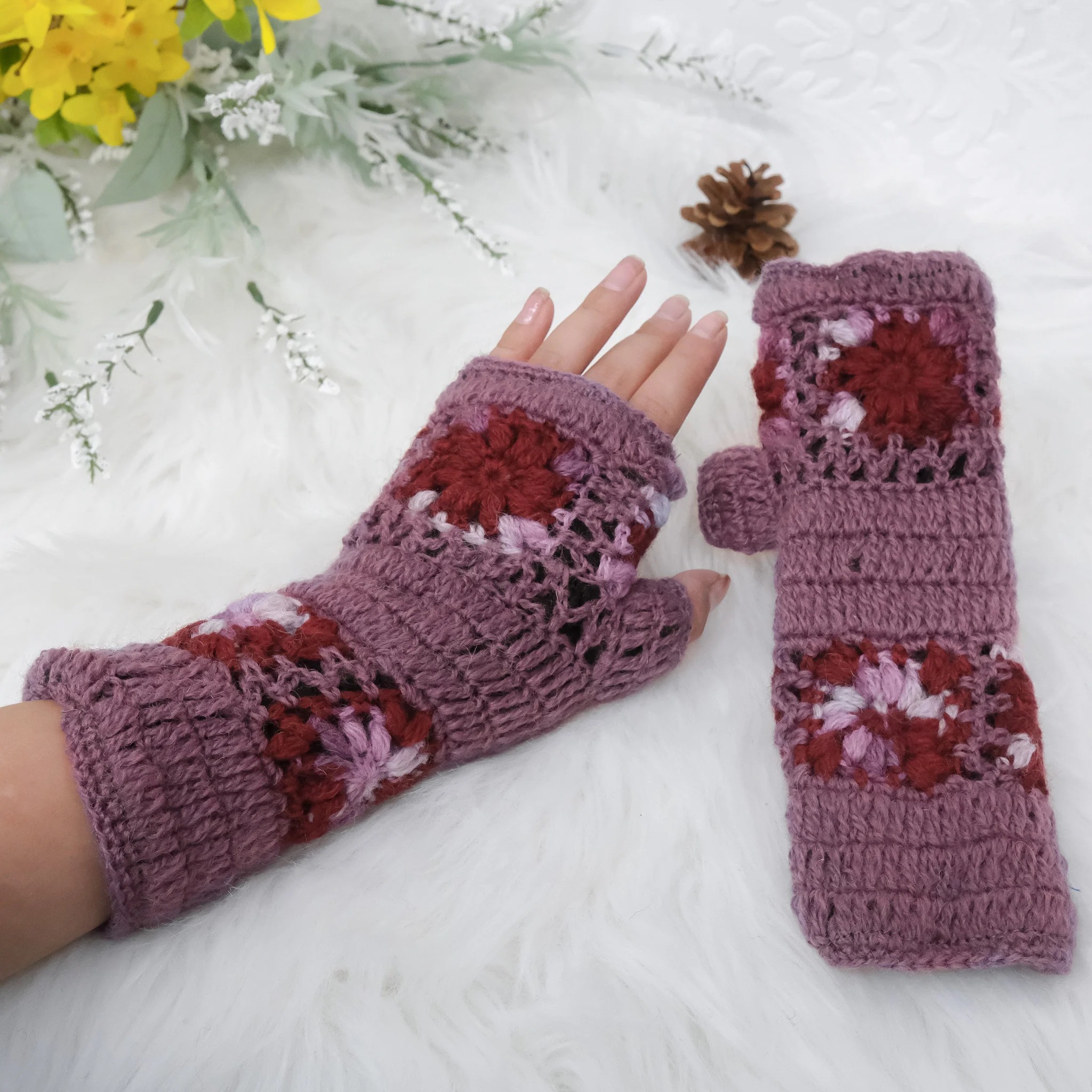 Hand Knitted Crochet Flower Design Hand Warmer