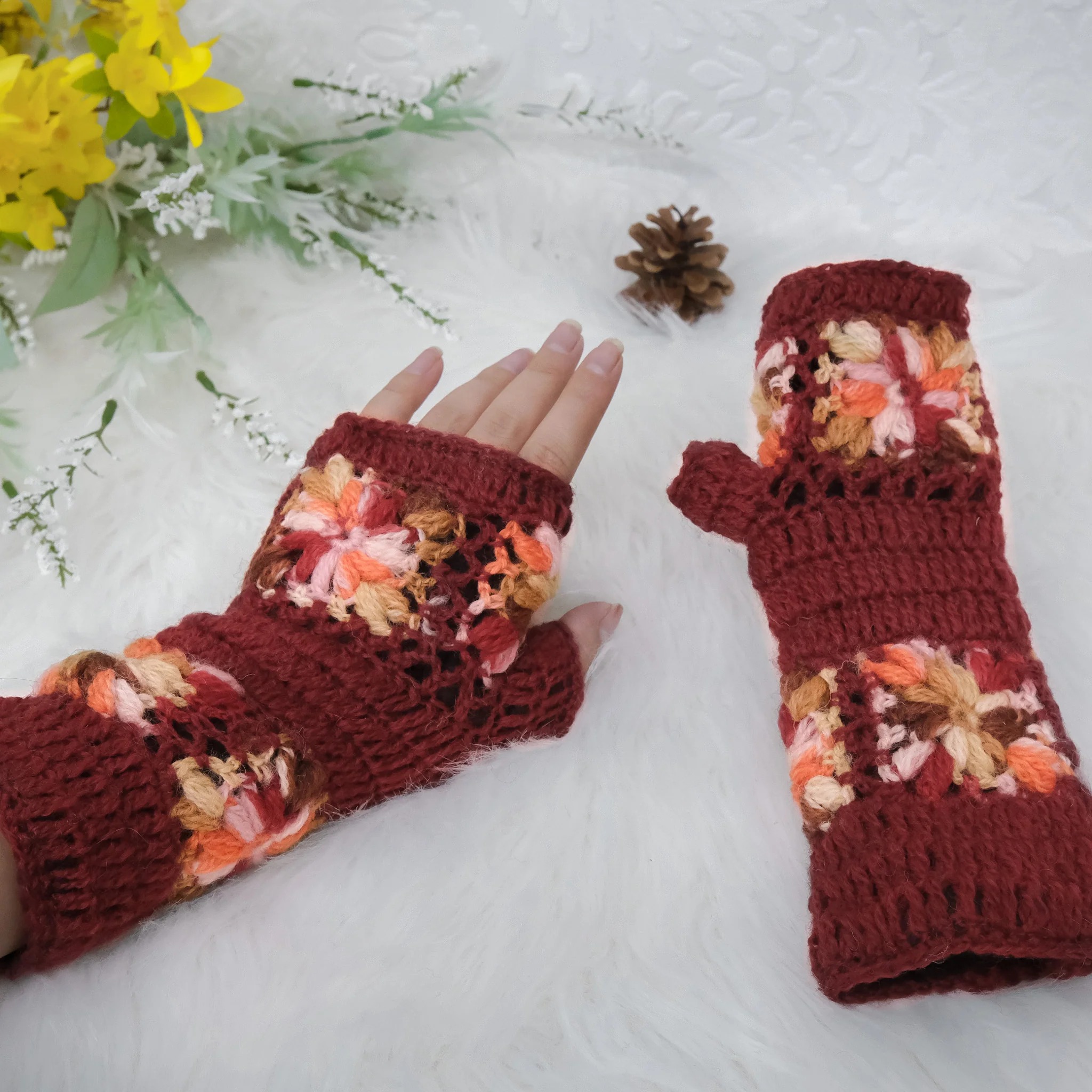 Hand Knitted Crochet Flower Design Hand Warmer