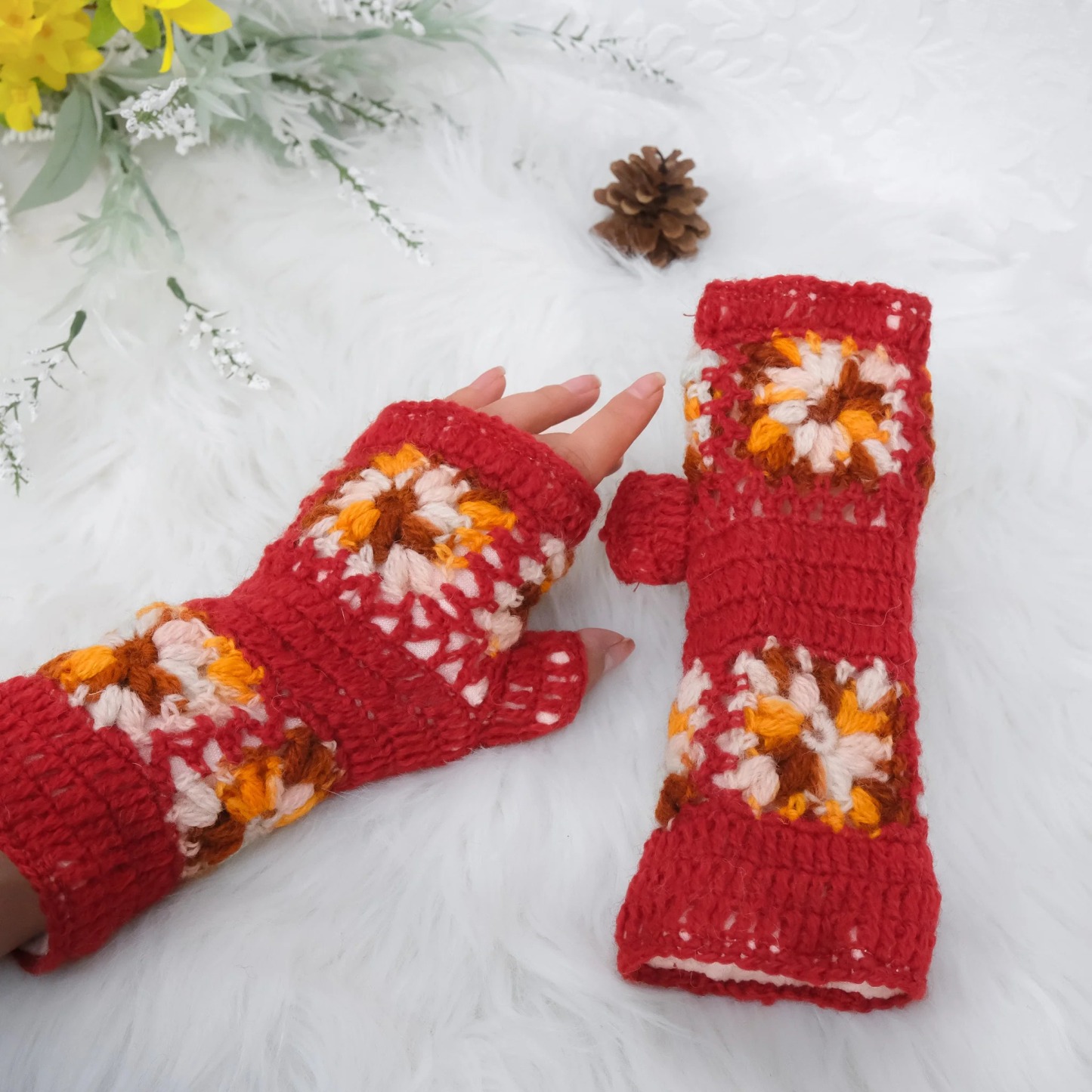 Hand Knitted Crochet Flower Design Hand Warmer