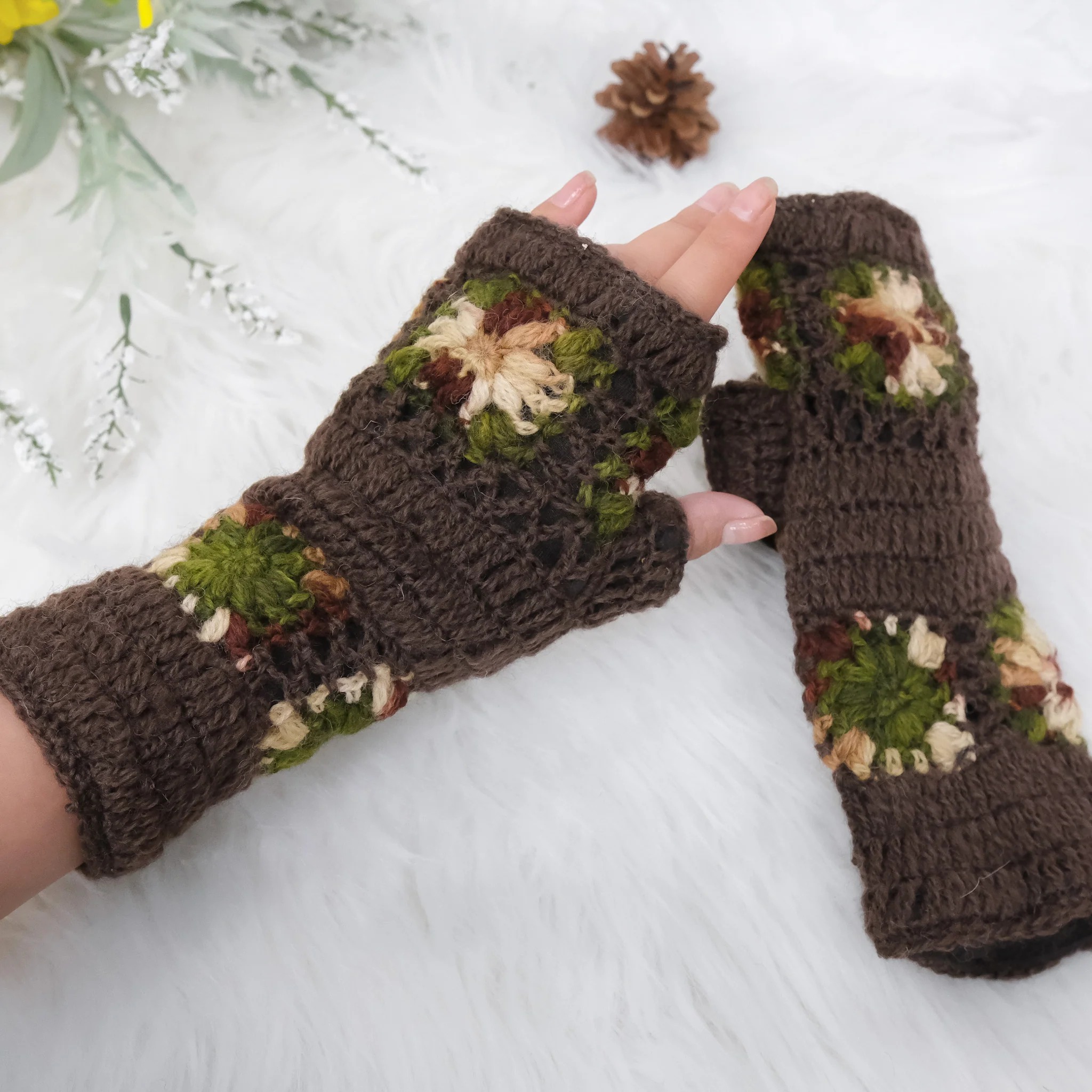 Hand Knitted Crochet Flower Design Hand Warmer