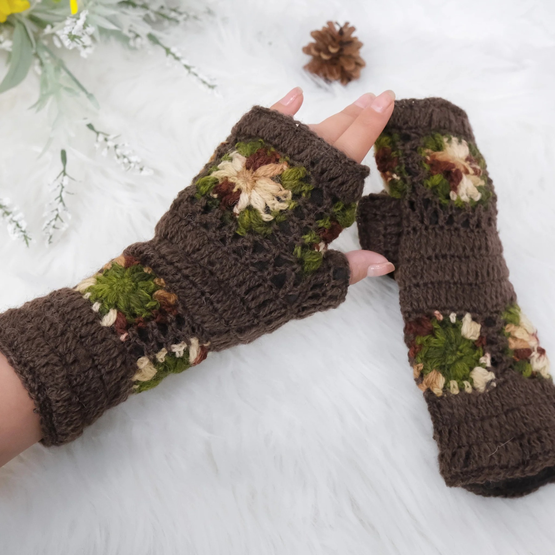 Hand Knitted Crochet Flower Design Hand Warmer