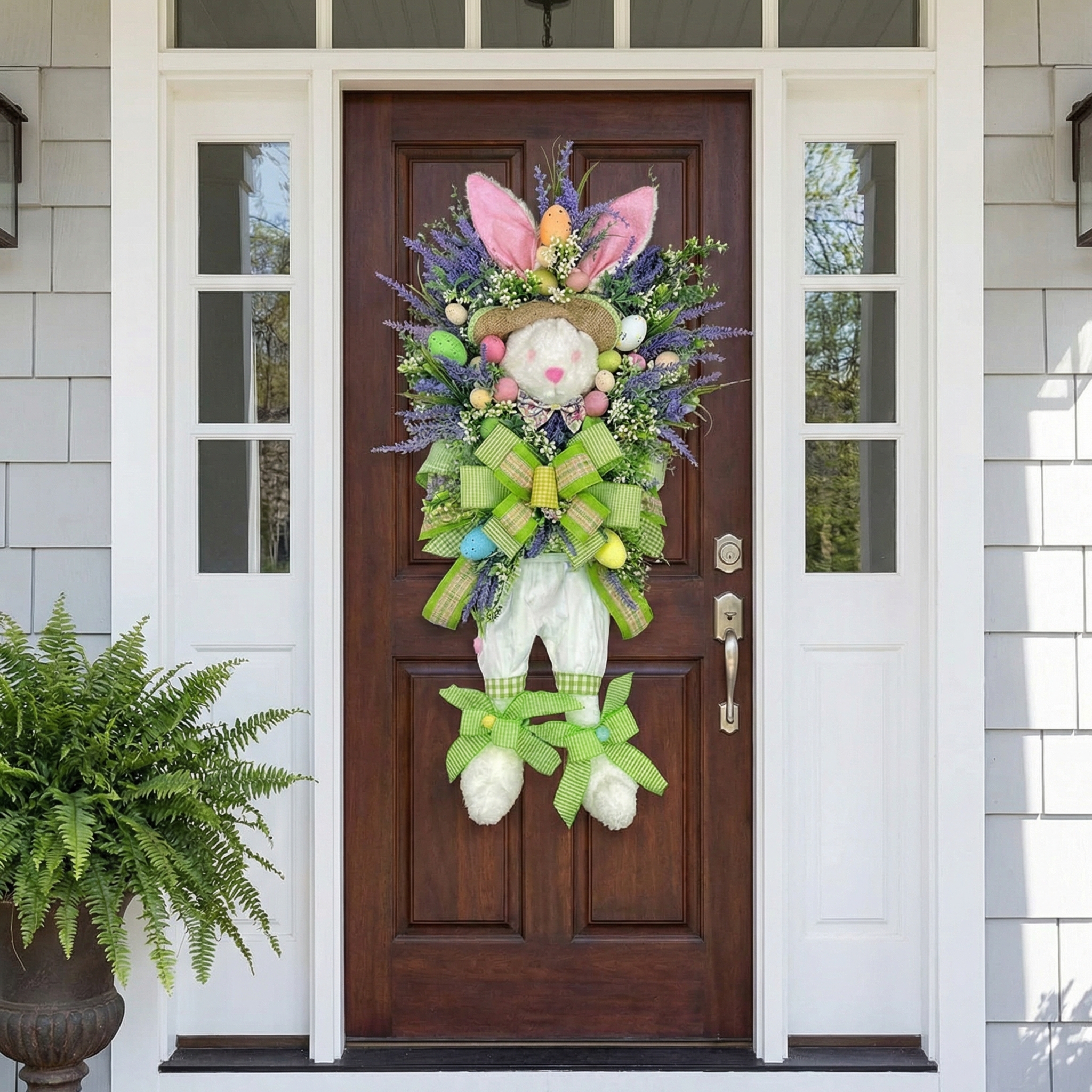 Spring Easter Bunny Wreath with Lavender and Colorful Eggs, Plush Rabbit Hanging Decoration for Door, Wall, or Entryway