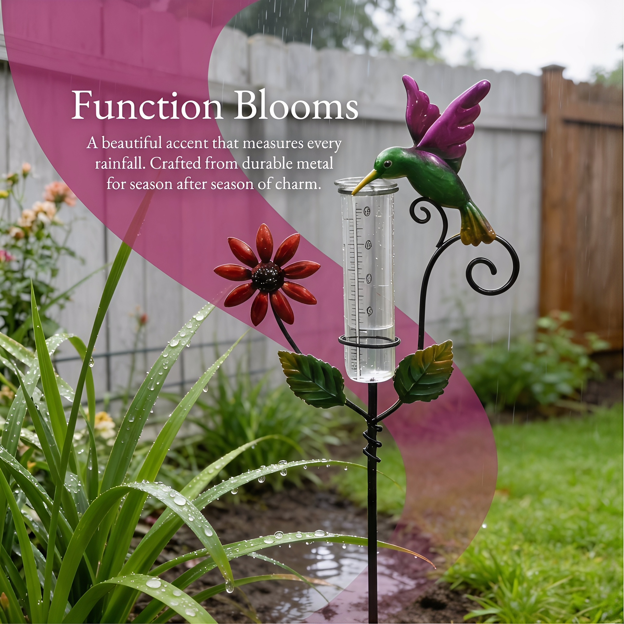 Hummingbird & Flower Garden Stake Rain Gauge