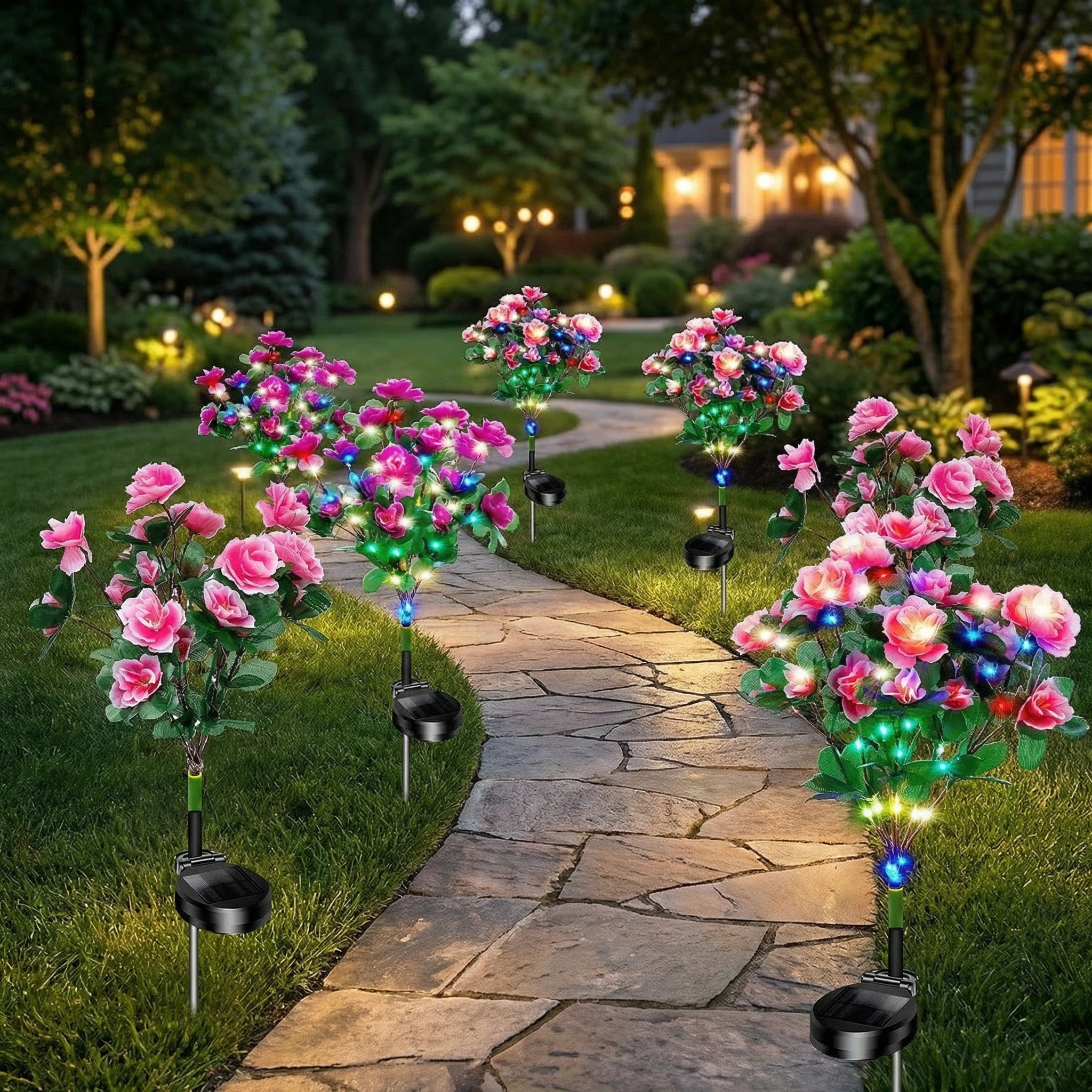 Solar Azalea Flower Garden Lights – Outdoor Waterproof LED Stake Lights, Lifelike Blooming Flowers
