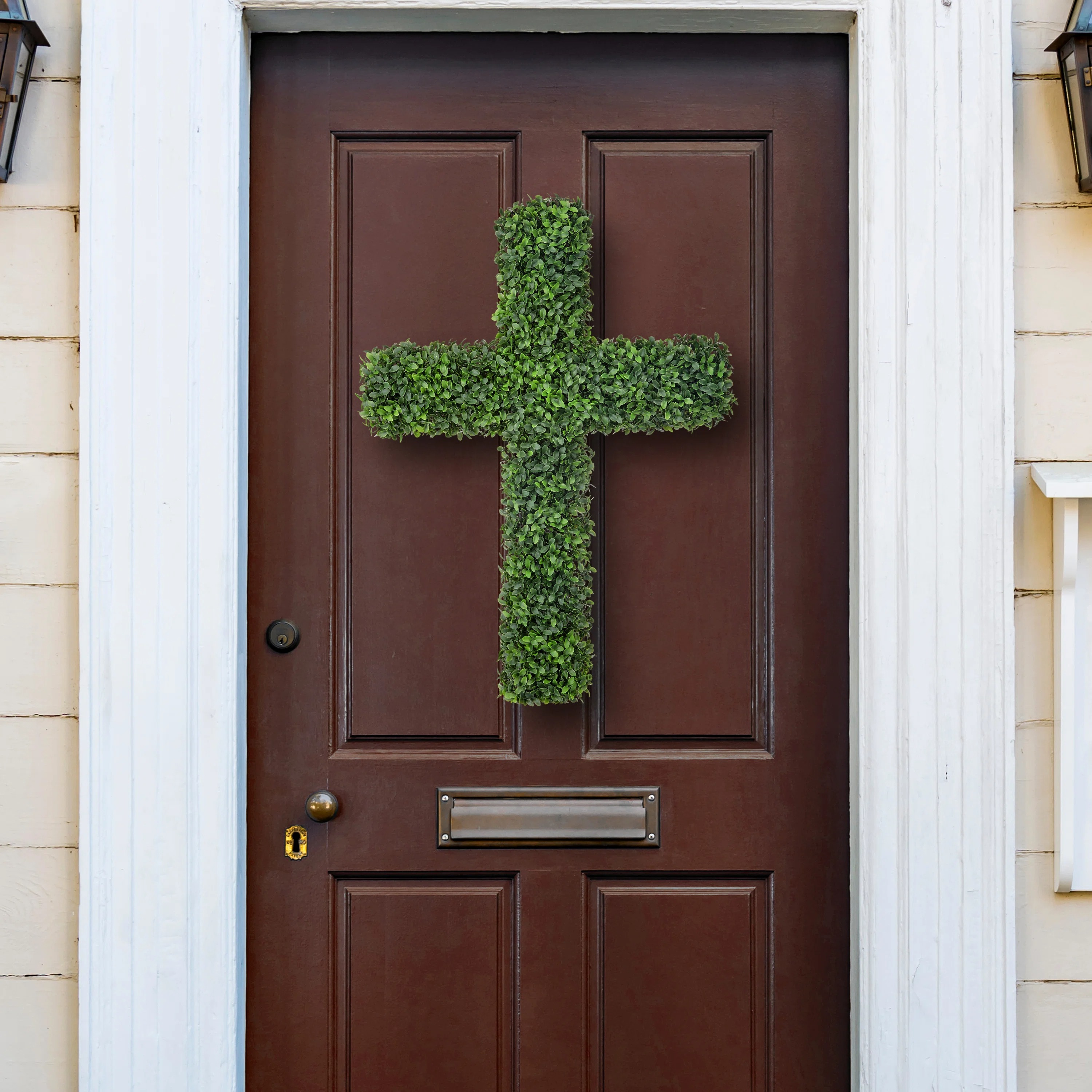 27" UV-Resistant Boxwood Cross Wreath for Front Door – Artificial Greenery Faith Wall Decor