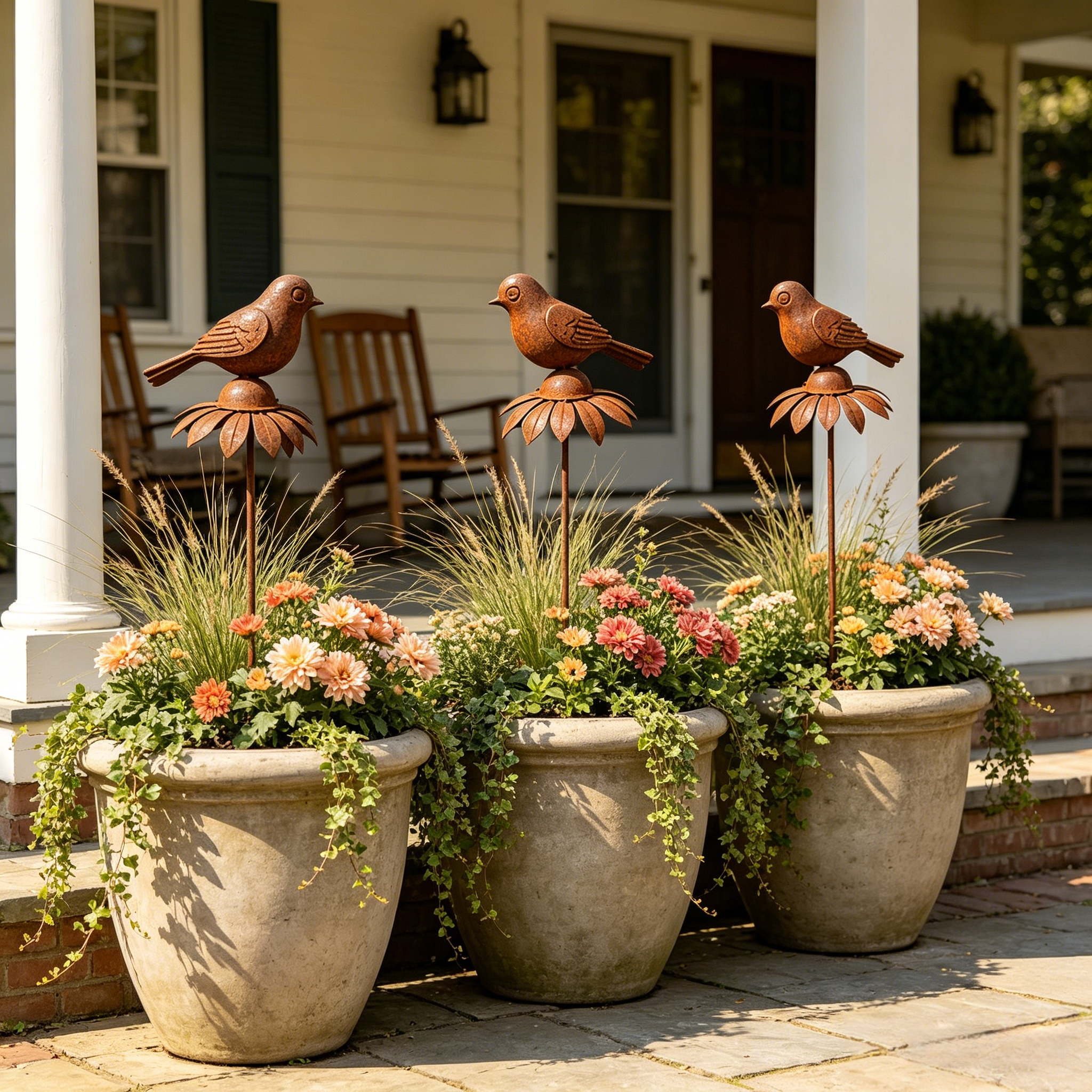 Rustic Iron Bird & Flower Garden Stake