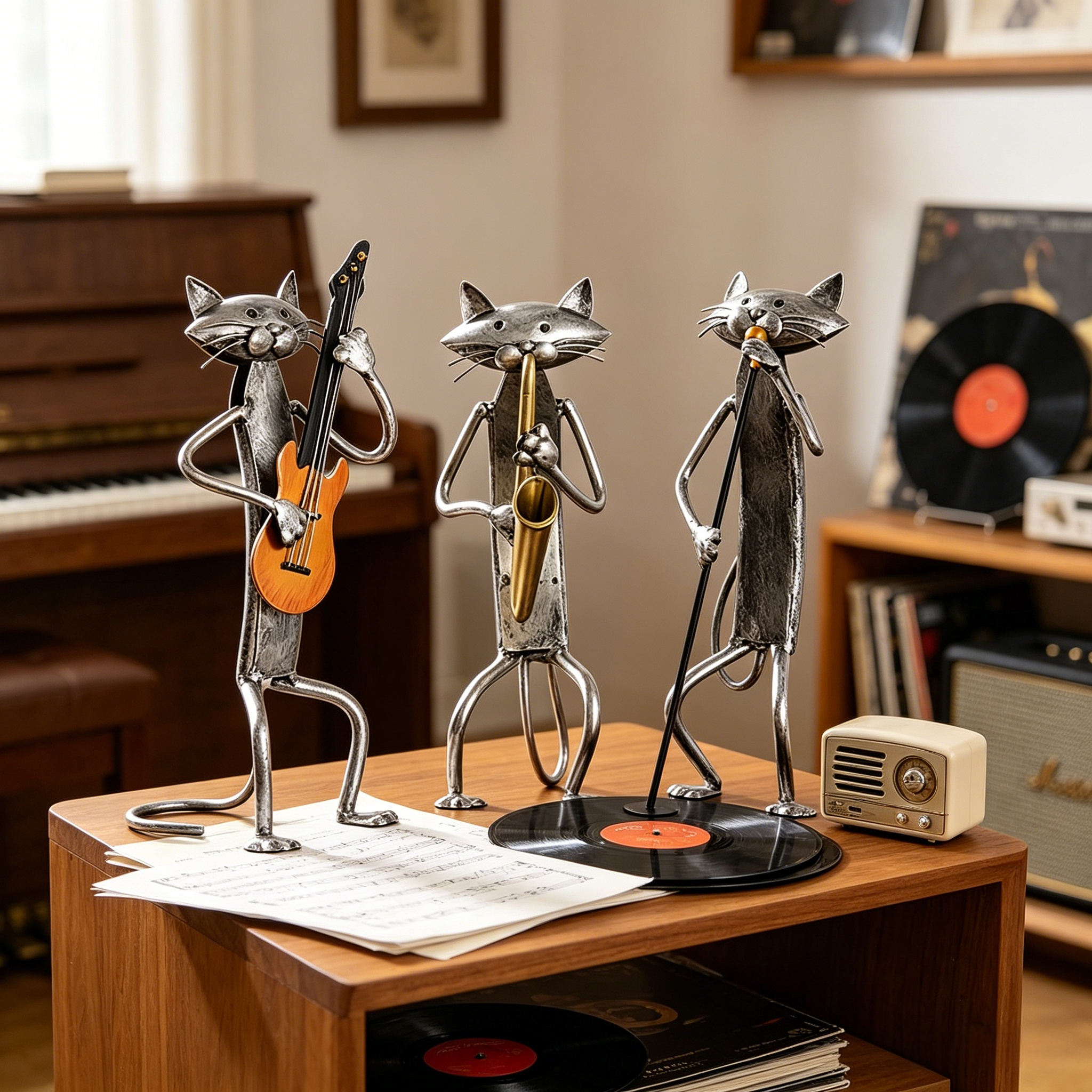 Handcrafted Metal Cat Band Sculpture