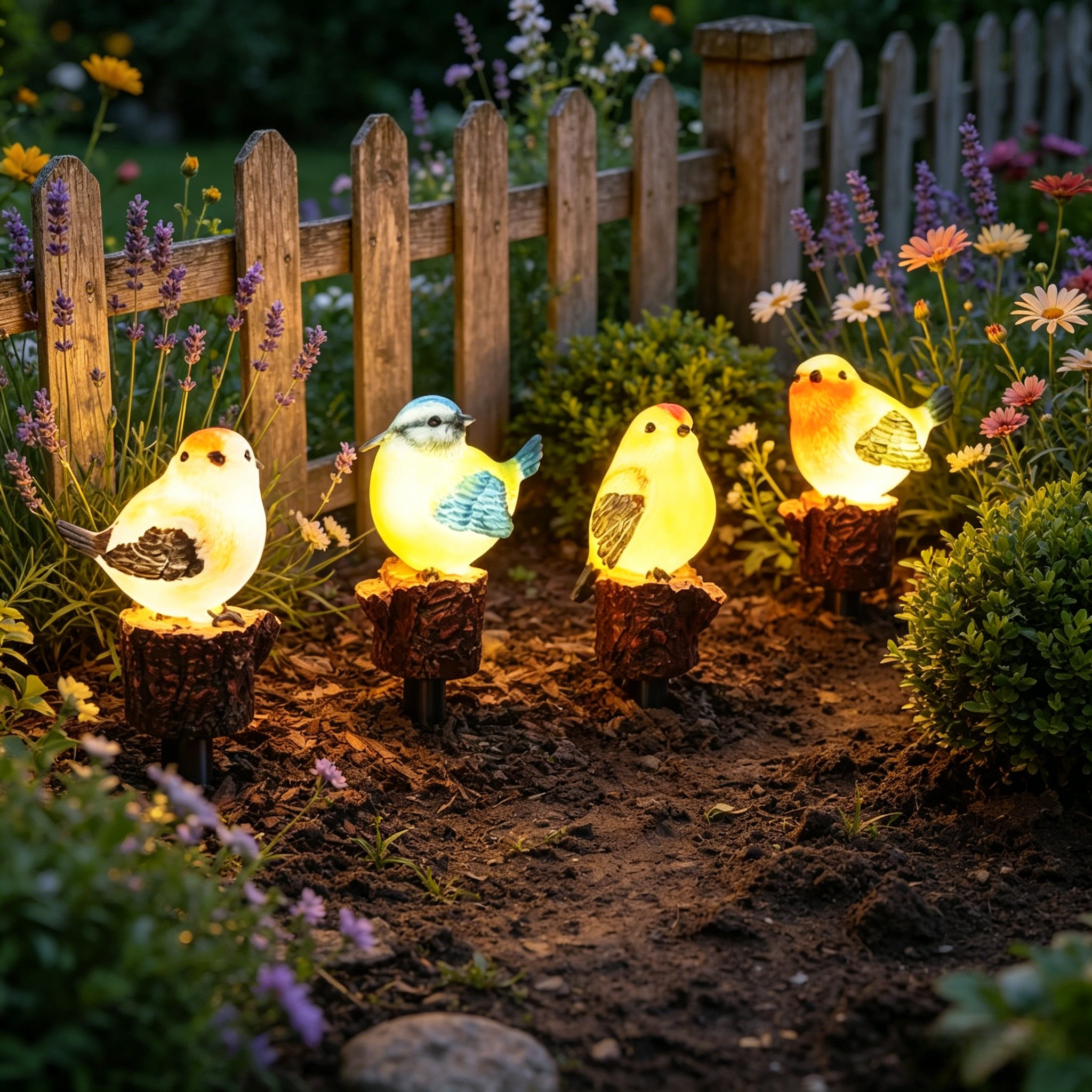 Solar Glowing Bird Garden Stakes – Set of 4