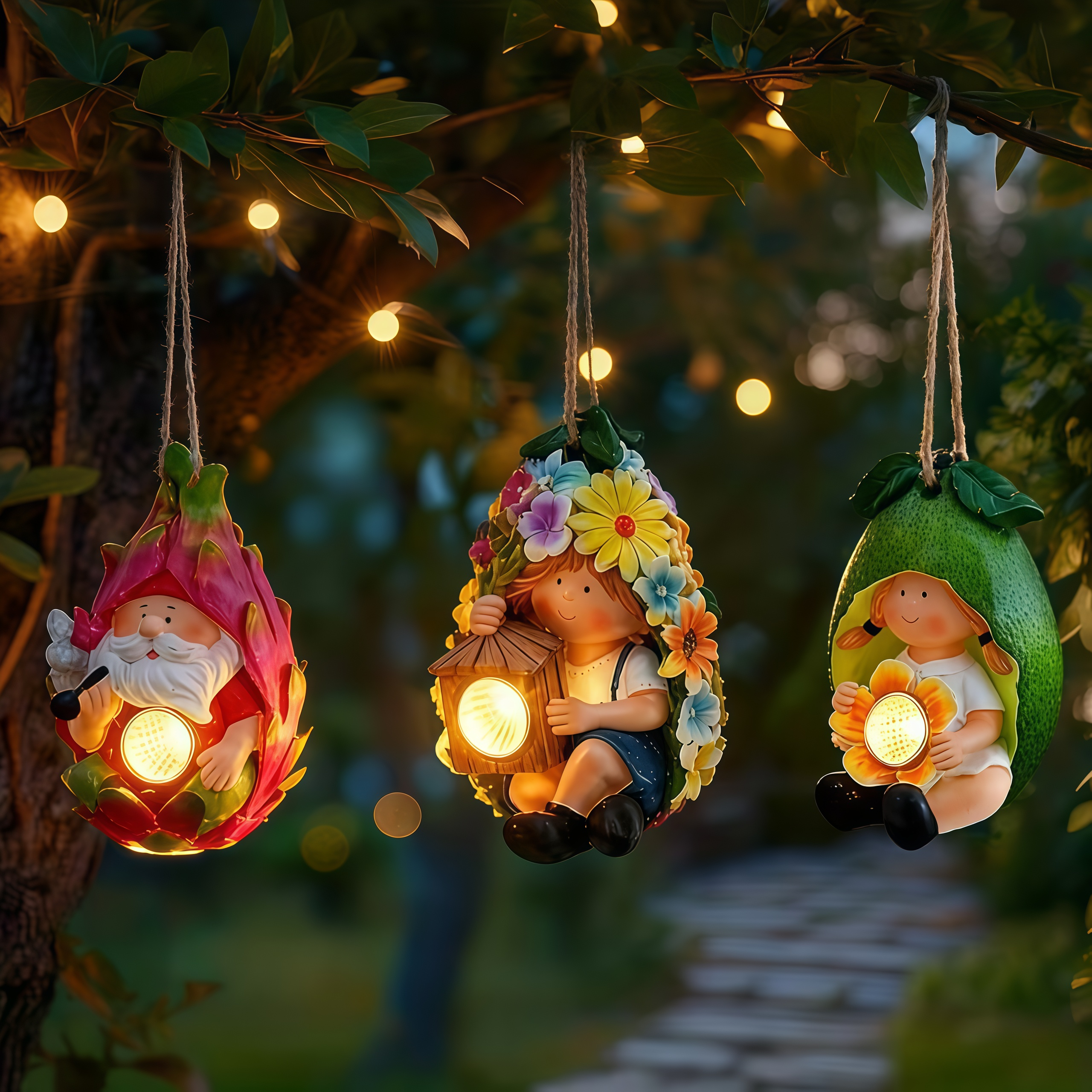 Cute Little Girl & Gnome Figurine Solar Hanging Resin Pendant Garden Lights