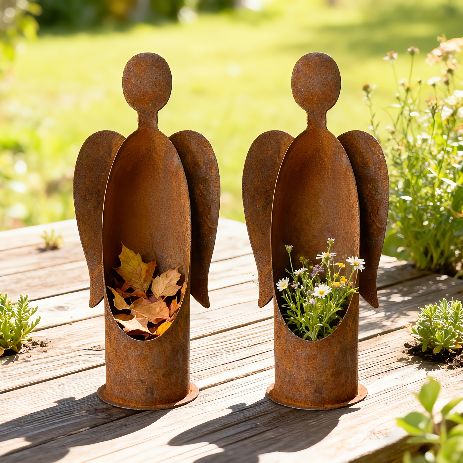 Rustic Metal Angel Garden Candle Holder or Plant Decor