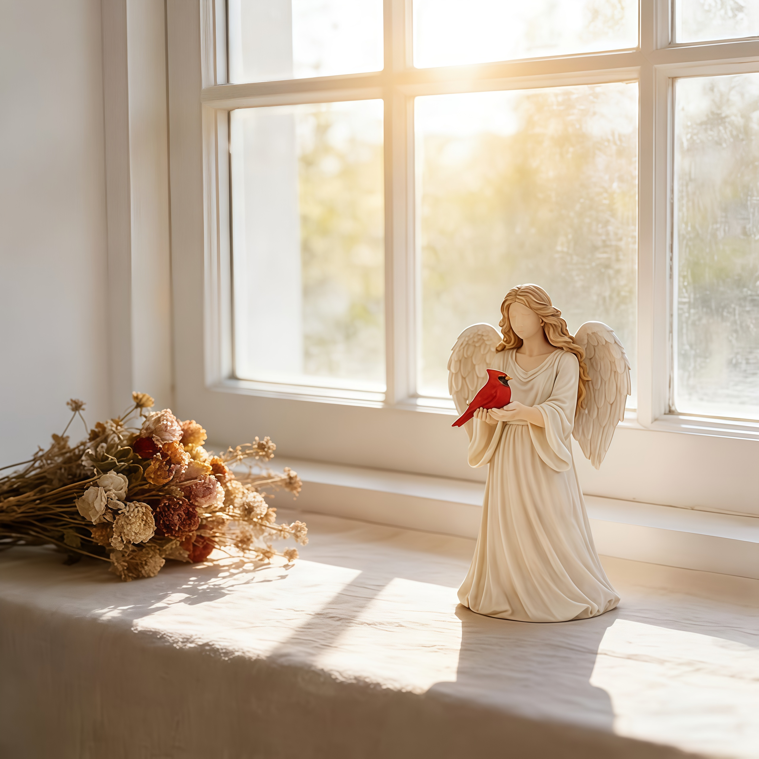 Angel Guardian Figurine Holding Red Cardinal, Meaningful Gift