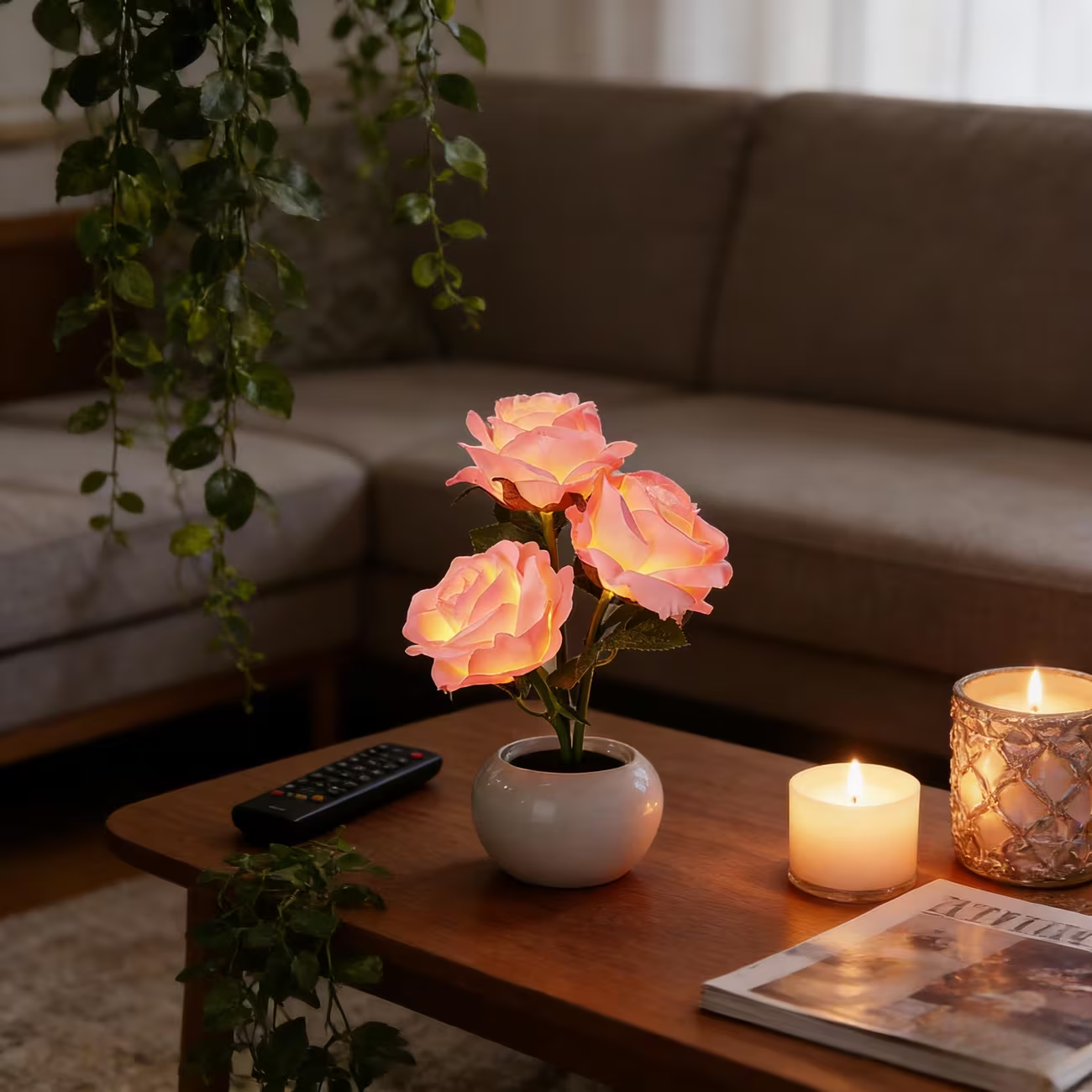 LED Pink Rose Flower Tabletop Night Light