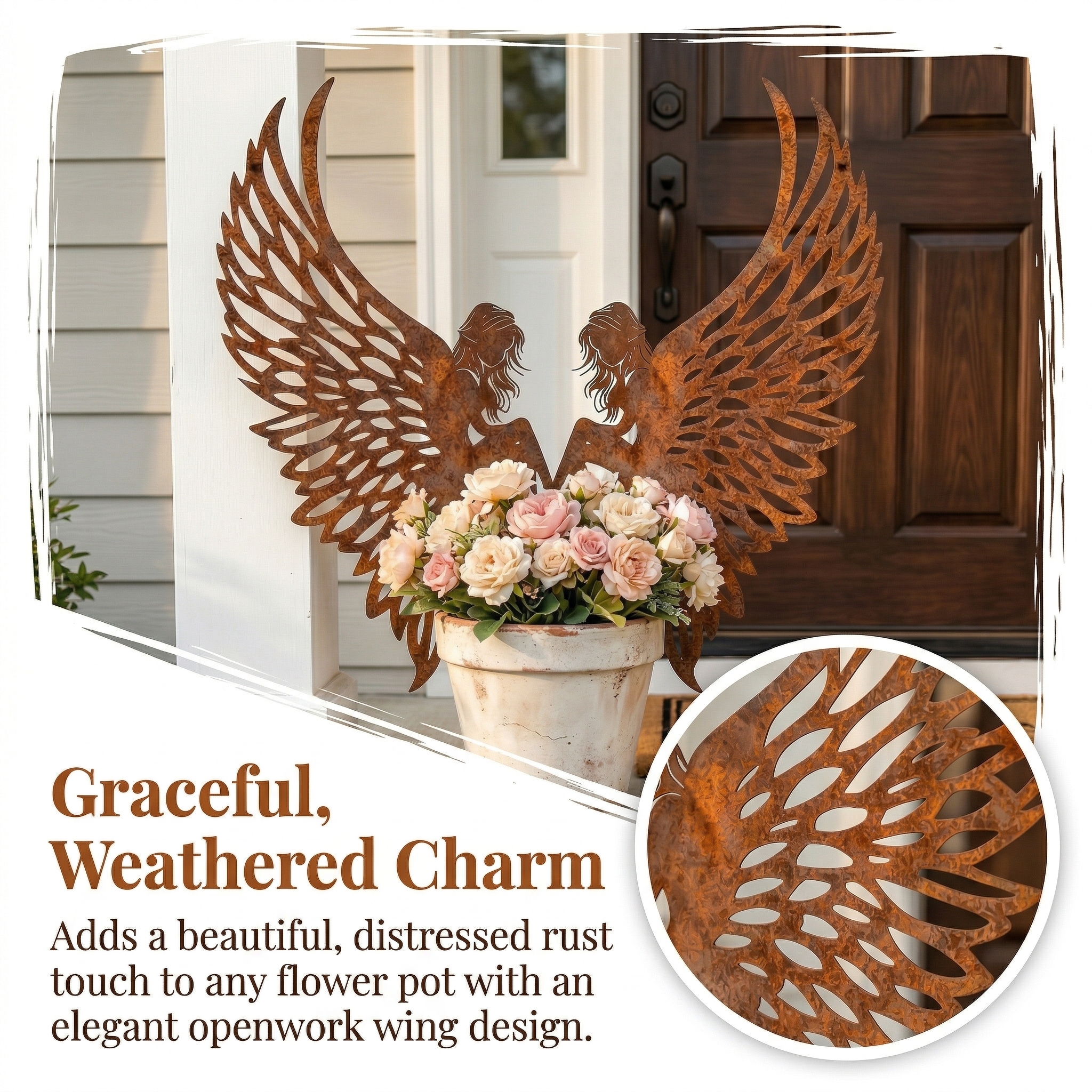 Distressed Rust Metal Angel Wing Planter Accent Pair