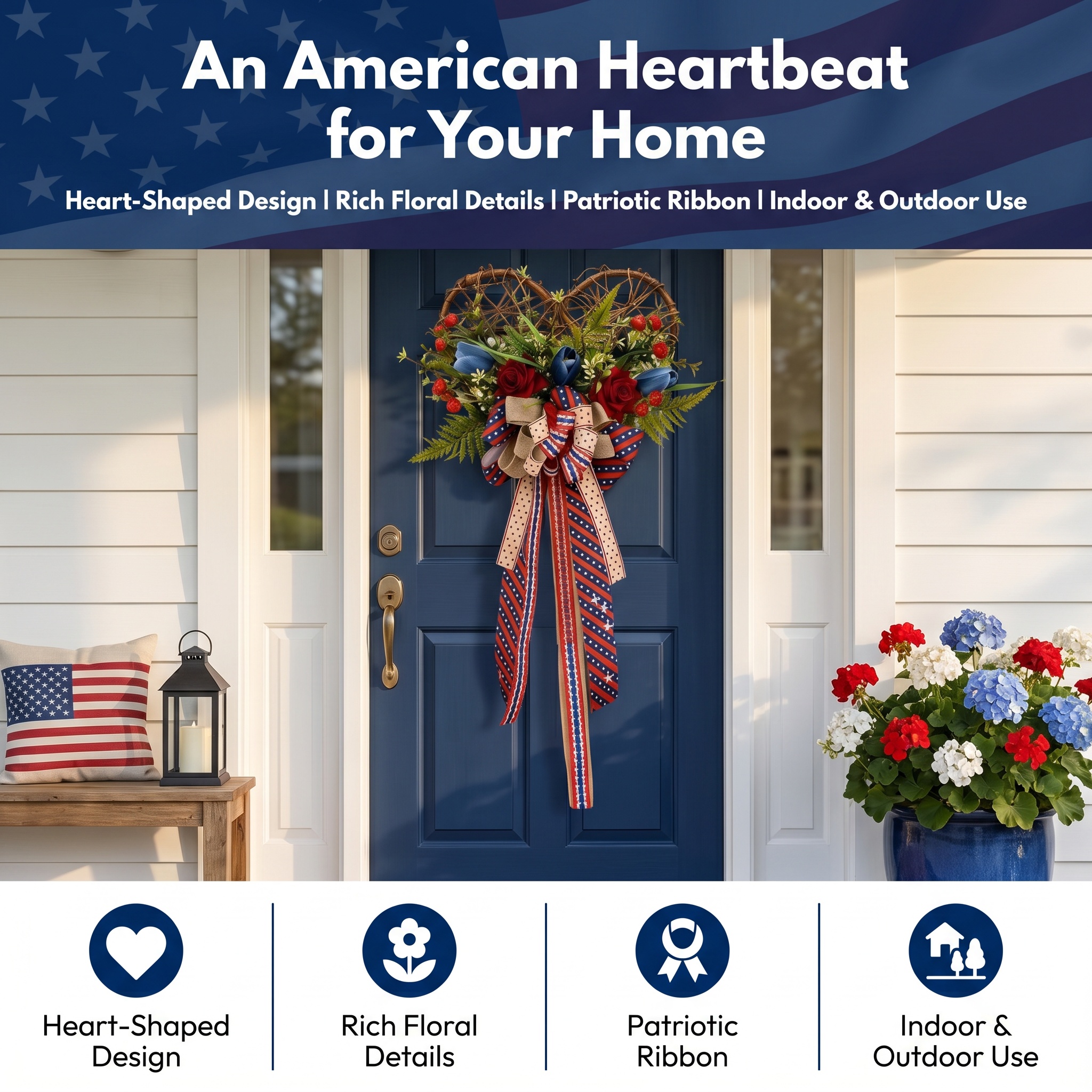 Patriotic Heart Door Wreath with Americana Ribbon Bow