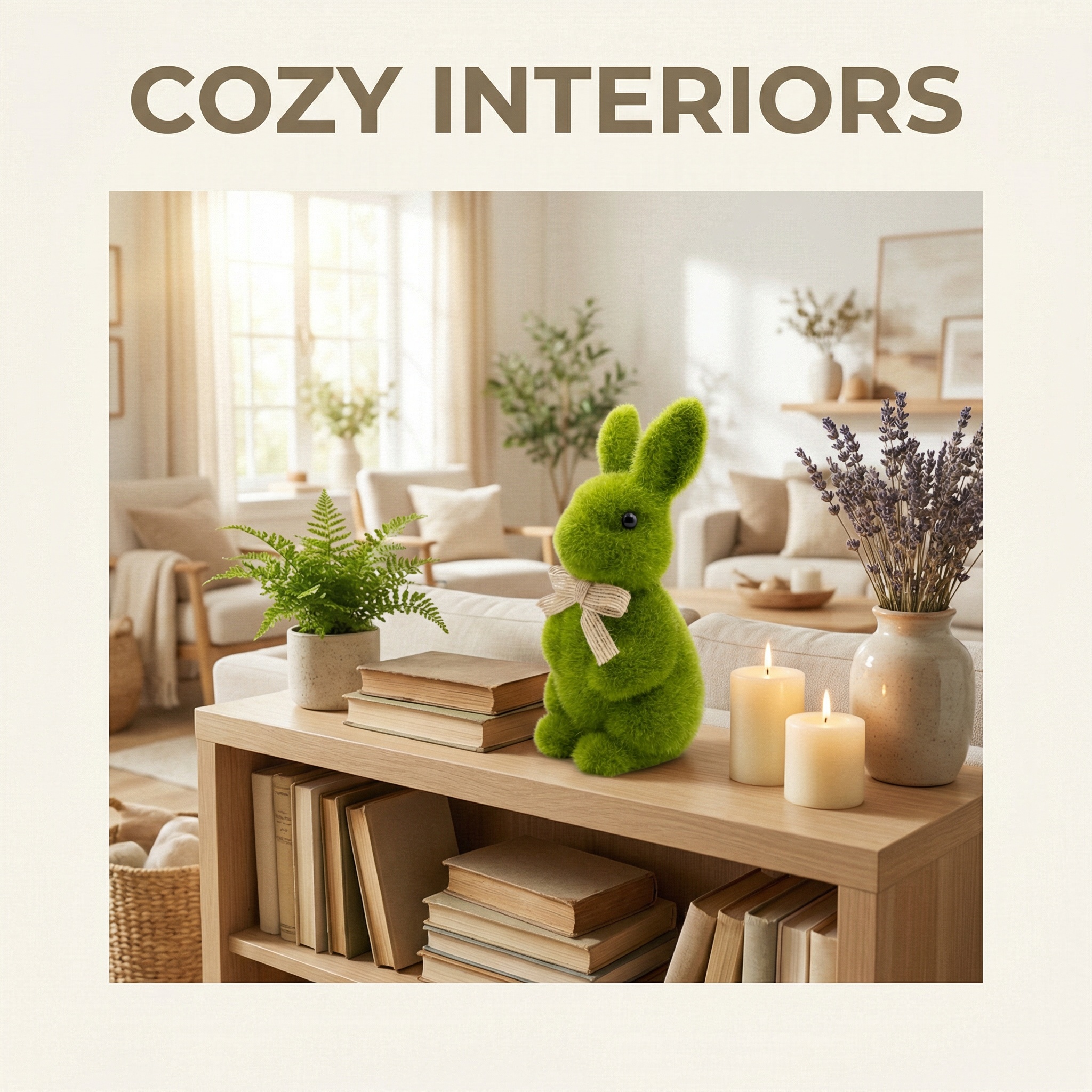 Spring Green Flocked Easter Bunny Decor with Burlap Bows