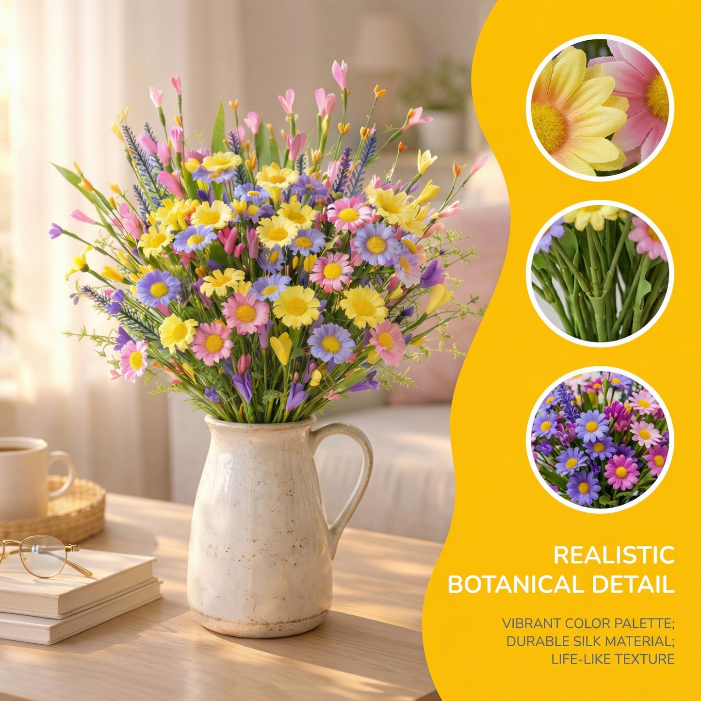 Artificial Daisy Flower Stems Set of 6, Farmhouse Spring Table Decor