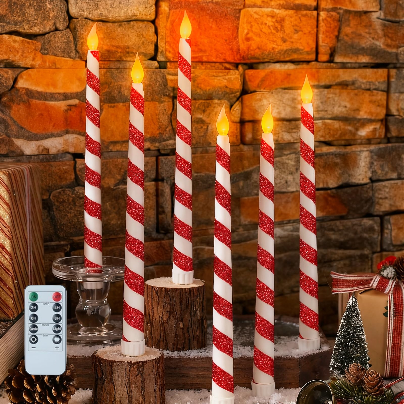 6 Pack Christmas Candy Cane Flameless Flickering Taper Candles with Remote Control