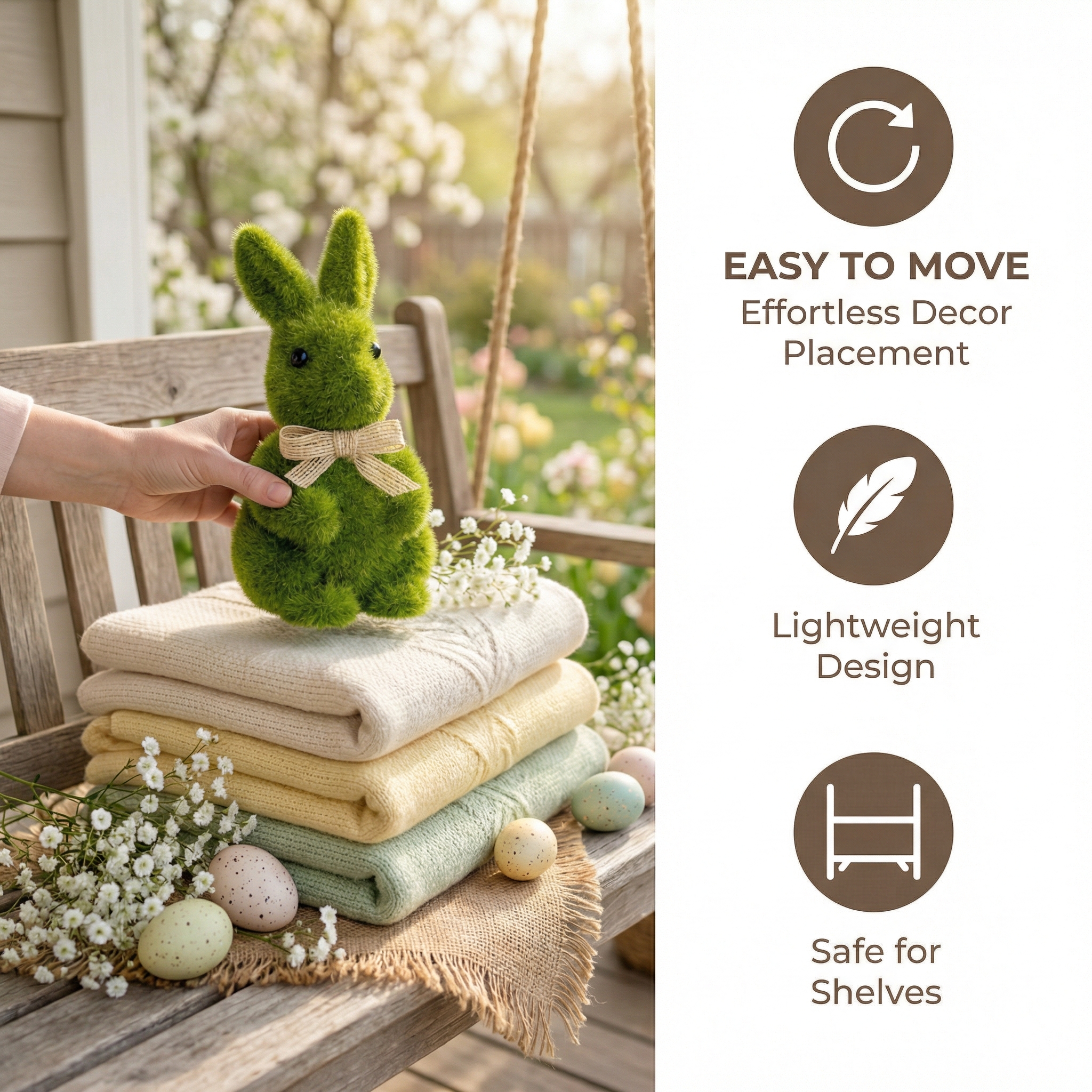 Spring Green Flocked Easter Bunny Decor with Burlap Bows