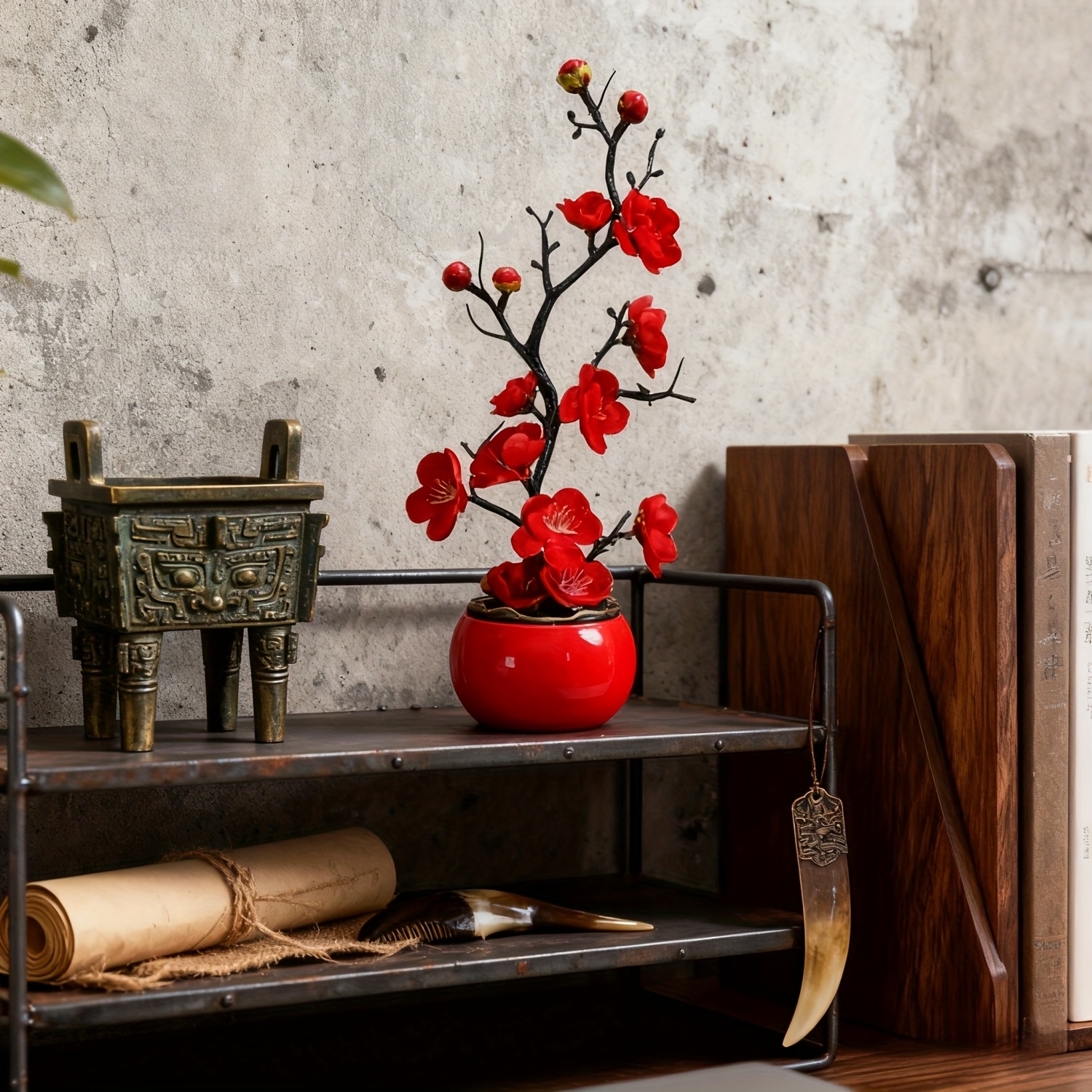 Artificial Plum Blossom Bonsai Tree in Red Pot
