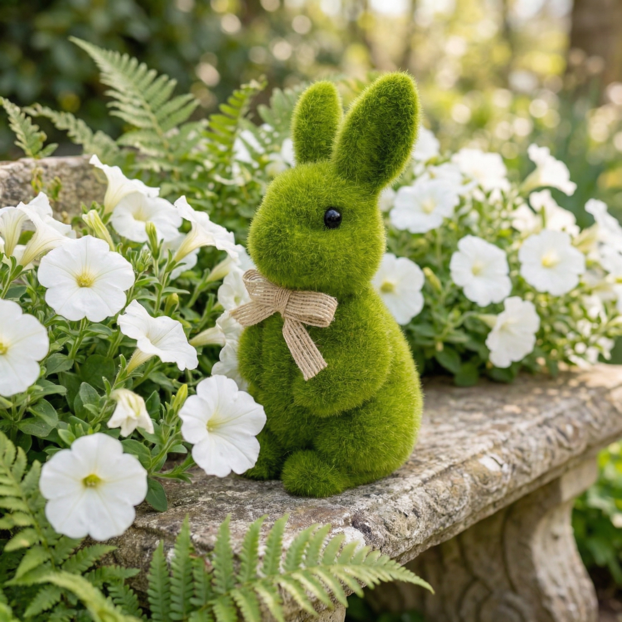 Spring Green Flocked Easter Bunny Decor with Burlap Bows