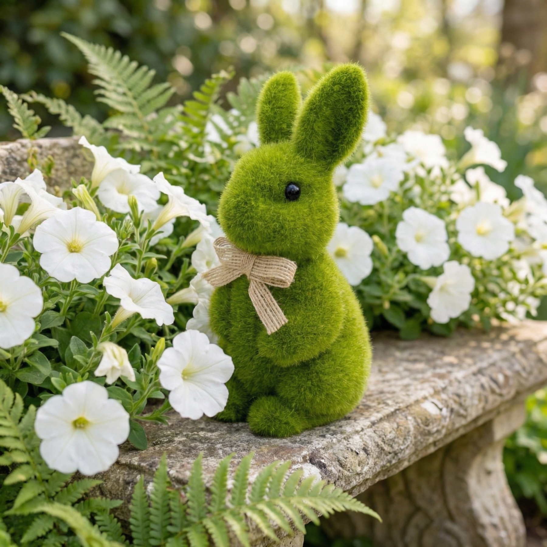 Spring Green Flocked Easter Bunny Decor with Burlap Bows