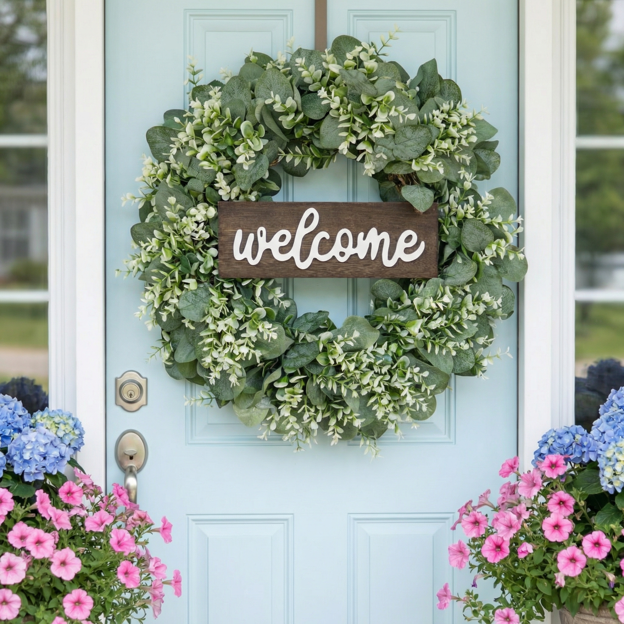 Artificial Eucalyptus Wreath with Wooden Welcome Sign