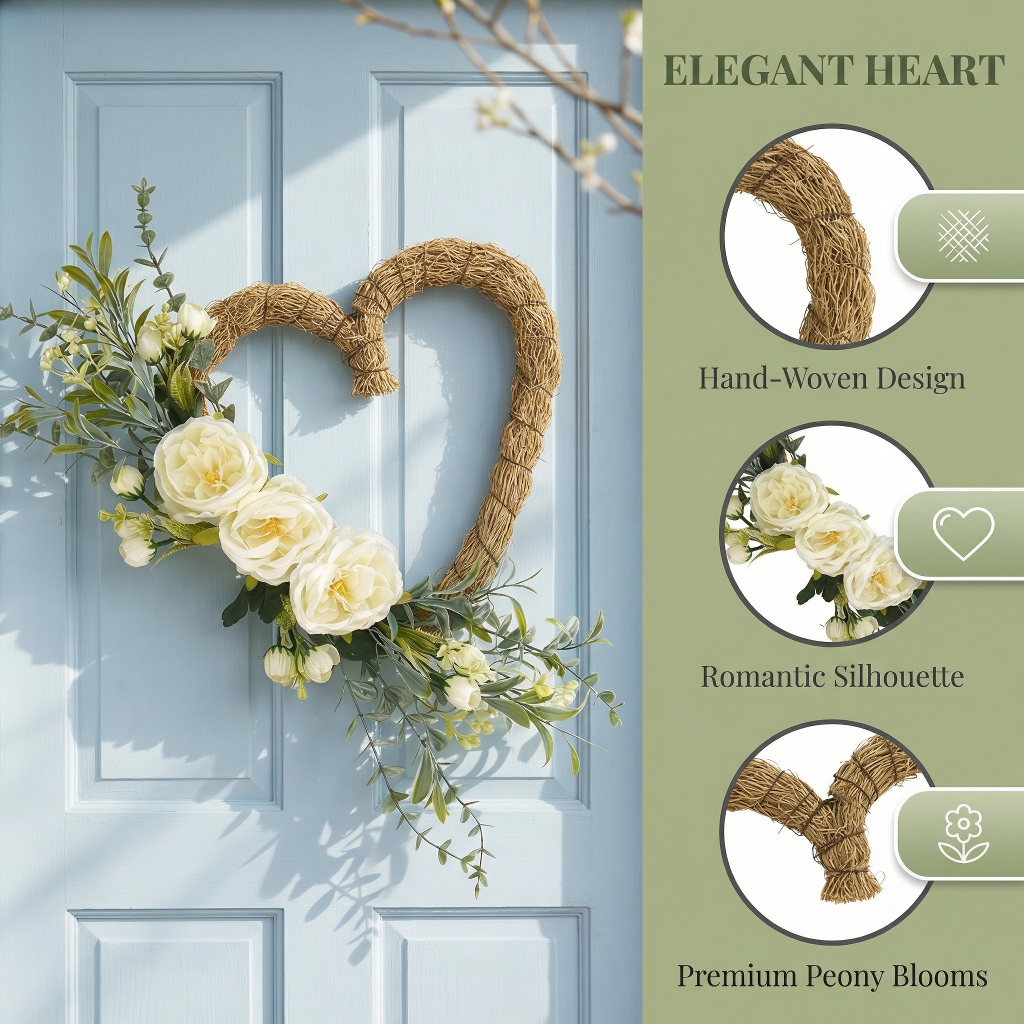 Handmade Heart-Shaped Rattan Wreath with Silk Peony Flowers