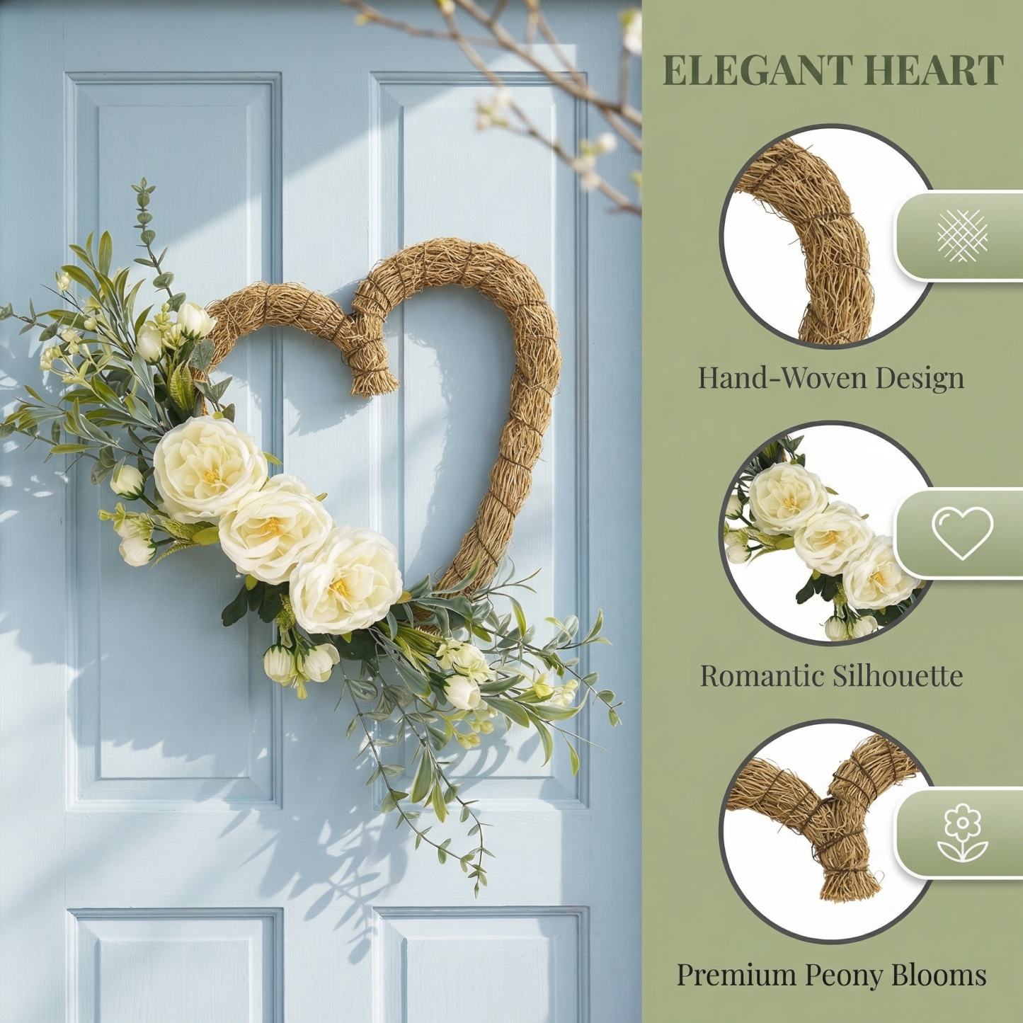 Handmade Heart-Shaped Rattan Wreath with Silk Peony Flowers